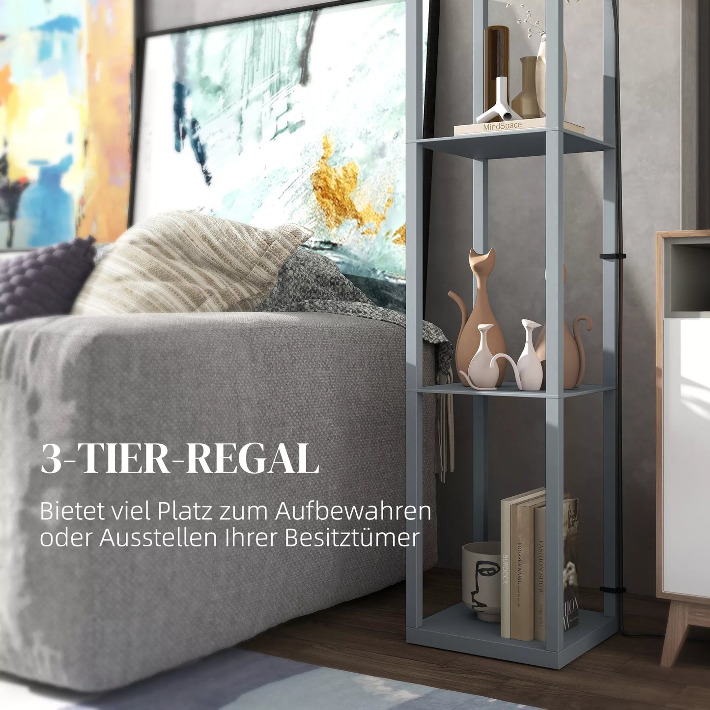 Stovas su lentynėle, 3 skyriai, kompaktiški matmenys, MDF, šviesiai pilkos spalvos