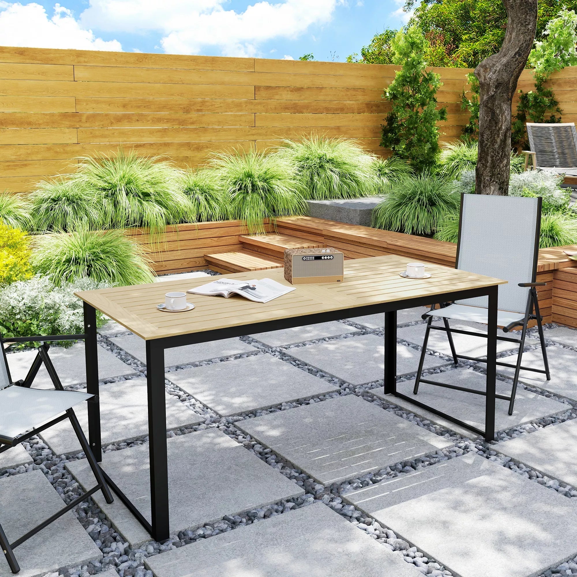 Sodo stalas iš metalo 175x78 cm Atsparus atmosferos poveikiui balkono stalas su medžio imitacija, neslidus valgomojo stalas Juodas