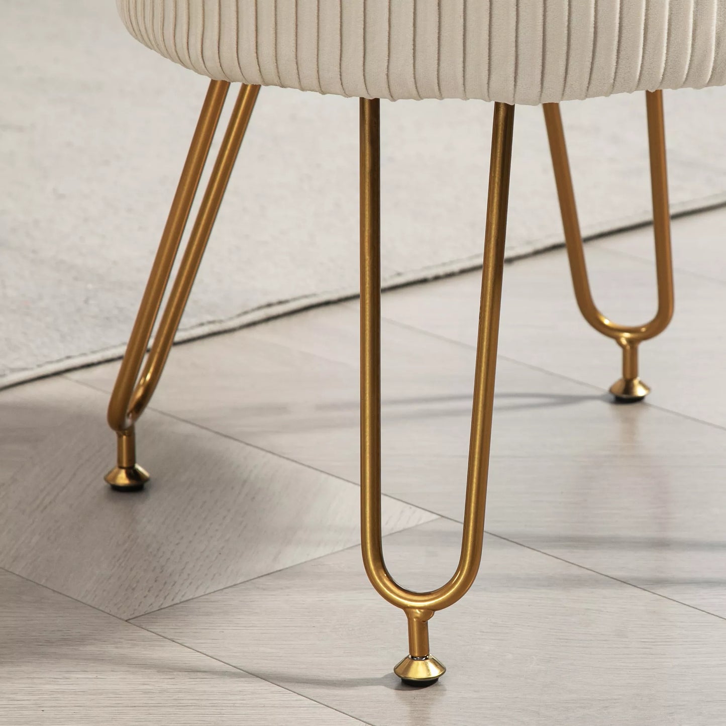 2-in-1 laikymo pufas su metalinėmis kojelėmis, apvalus pufas svetainei, miegamajam, koridoriui, kreminės baltos spalvos