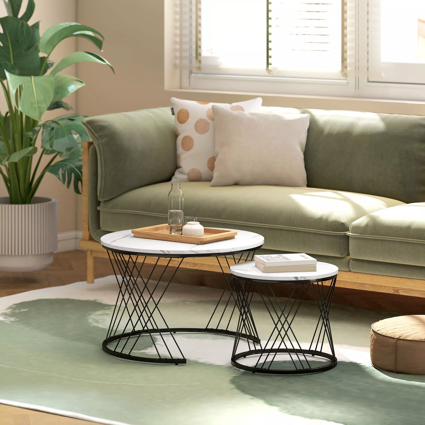 2 vnt. komplektas, marmuro imitacija, medžio drožlių plokštė, metalas, apvalūs kavos staliukai, sudedami vienas į kitą, balti