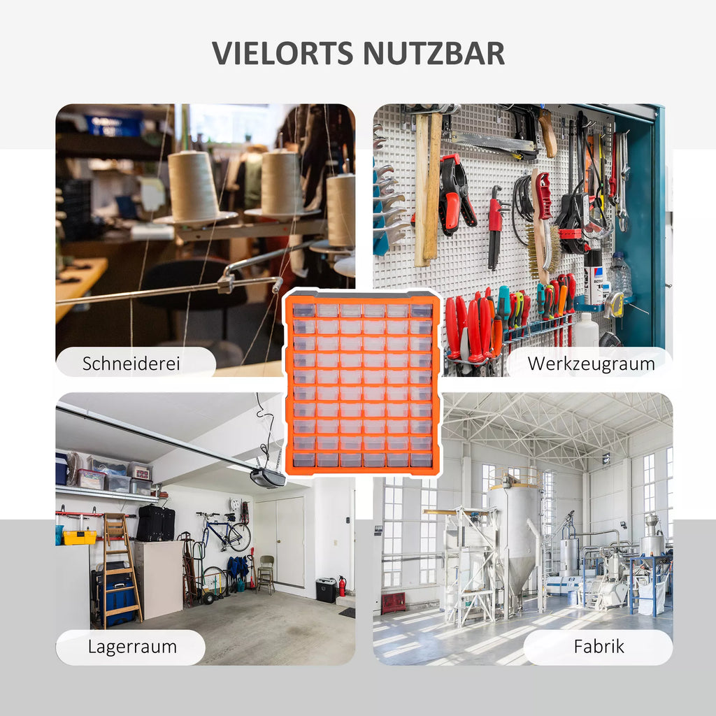 Rūšiavimo dėžutė smulkioms dalims, dalių dėžutė, sandėliavimo dėžutė, 60 skyrių, oranžinė, ilgis 38 x plotis 16 x aukštis 47,5 cm