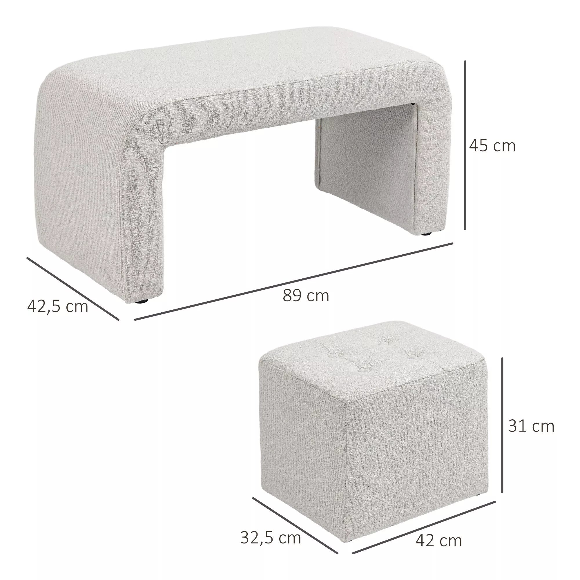 Pufų komplektas, 3 dalių, su sagčių dygsniavimu, 89 cm x 42,5 cm x 45 cm, kreminės spalvos