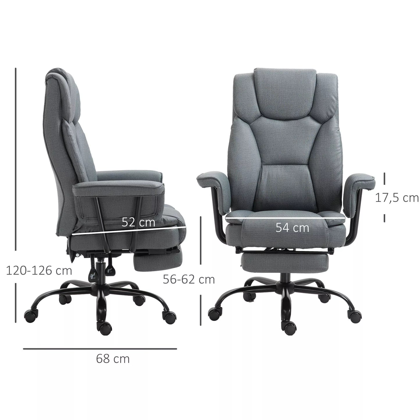 Ergonomiška biuro kėdė 360° pasukama, su galvos atrama ir paminkštintais porankiais, aukščio reguliavimu ir ištraukiama atrama kojoms, dirbtinė oda, 68 x 80 x 120–126 cm