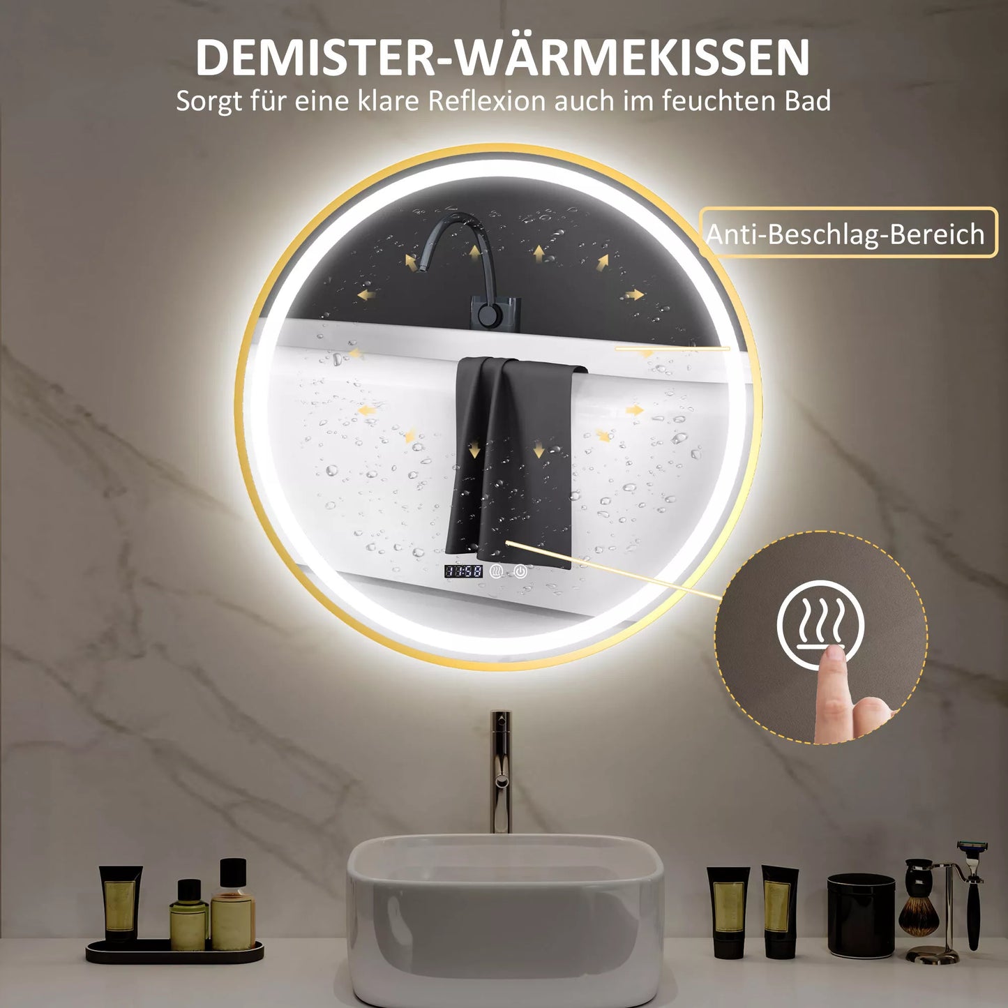 Apvalus vonios veidrodis su LED apšvietimu, veidrodis su apsauga nuo rasojimo, jutikliniu valdymu, ekranu