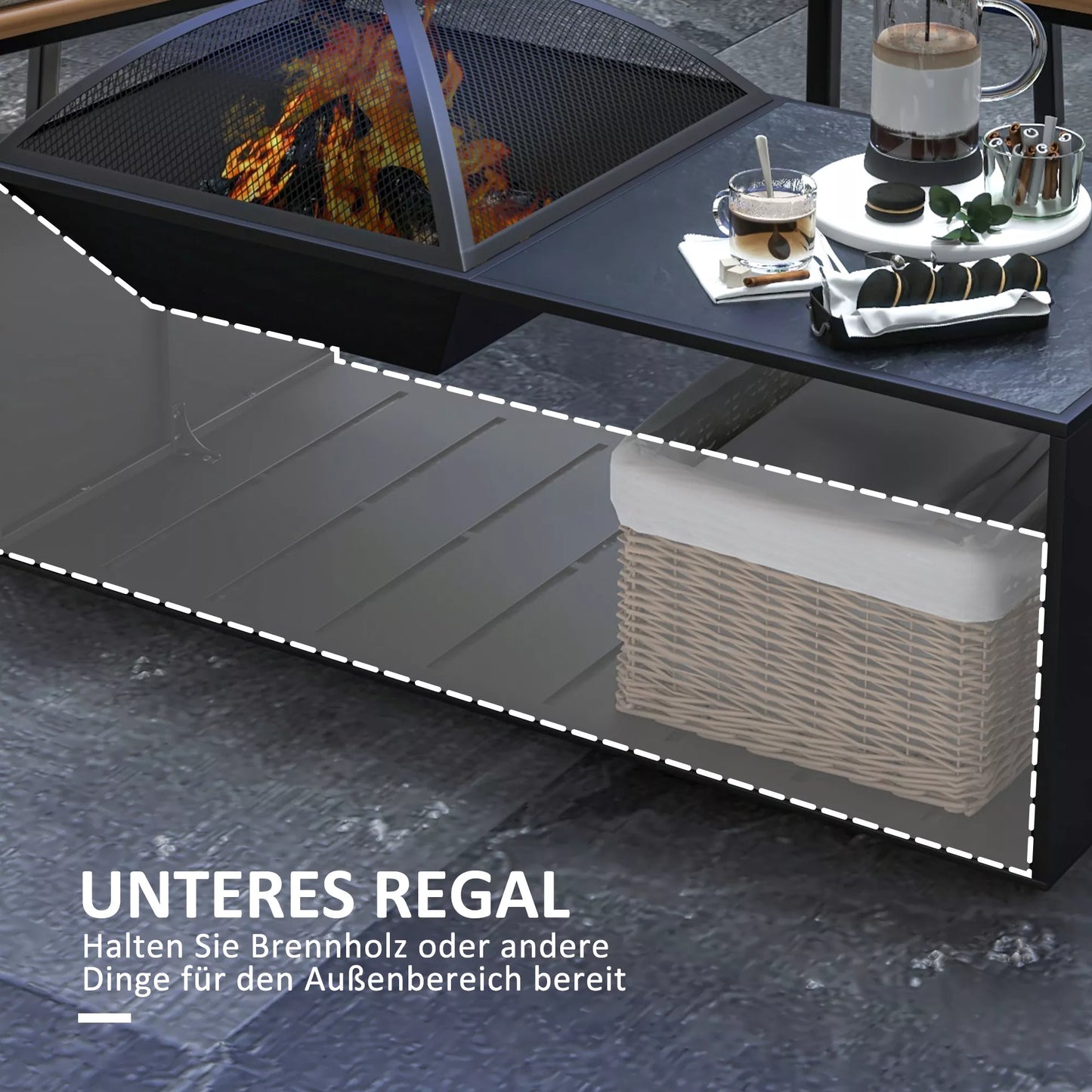 2in1 Lauko židinys, stalviršis su keraminėmis plytelėmis, žarsteklis, nerūdyjantis, 101 x 51 x 56 cm, juodos spalvos