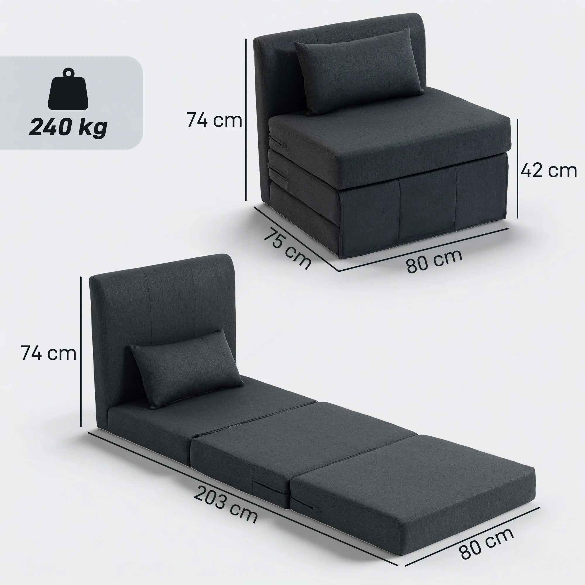 Sėdimas fotelis lova 2-in-1 sulankstomas 80x75 cm tamsiai pilkas