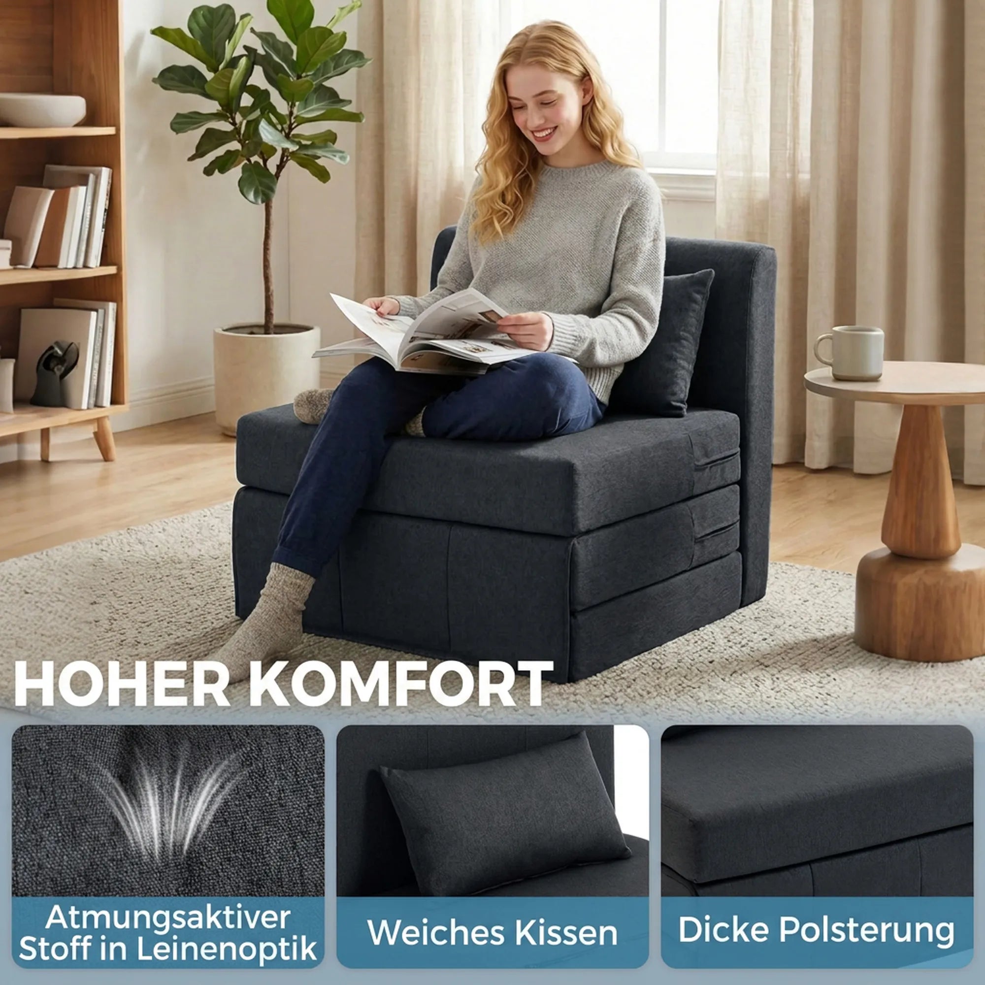 Sėdimas fotelis lova 2-in-1 sulankstomas 80x75 cm tamsiai pilkas