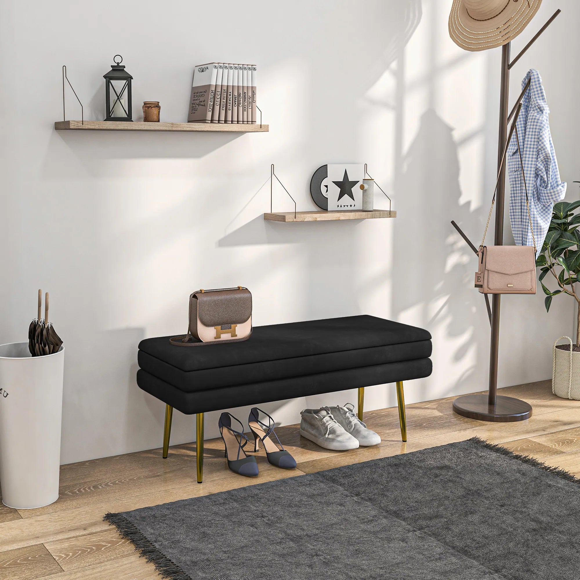 Sėdimoji banketė su daiktadėže, 100 x 37,5 x 42 cm, juoda
