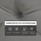 Poliesterio audinio faktūros artimas planas su savybių piktogramomis