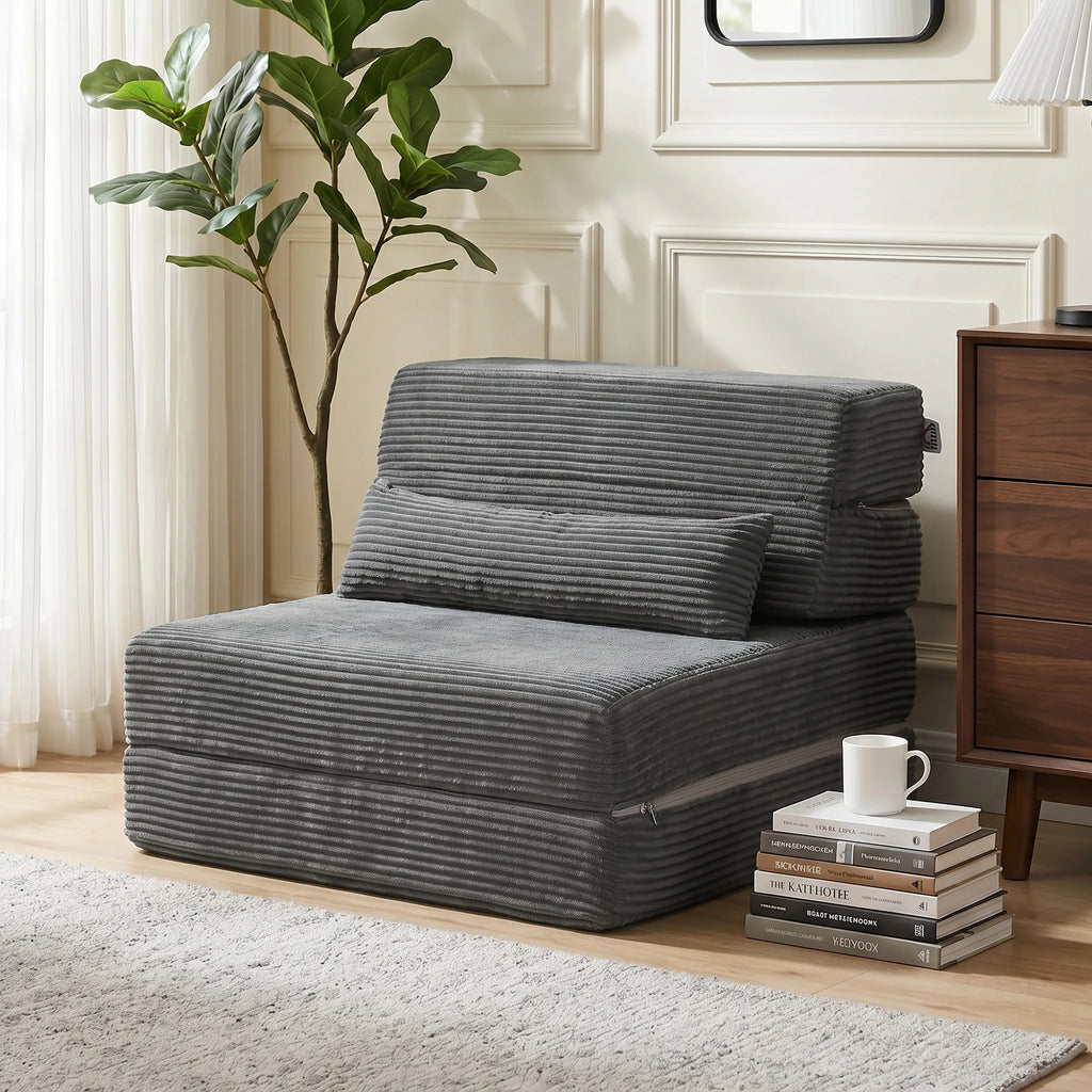 Sėdmaišis su atlošu, sulankstoma sofa-lova, rumbuotas pliušas, tamsiai pilkas