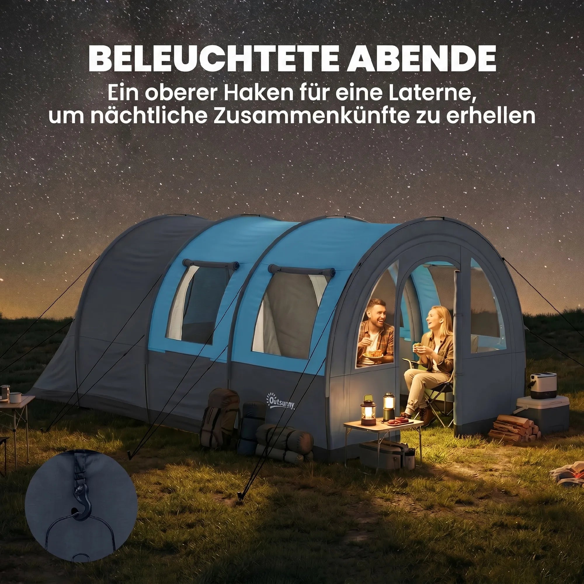 Šeimyninė palapinė iki 6 asmenų, tunelinė, su pertvaromis, atspari vandeniui, pilka/mėlyna