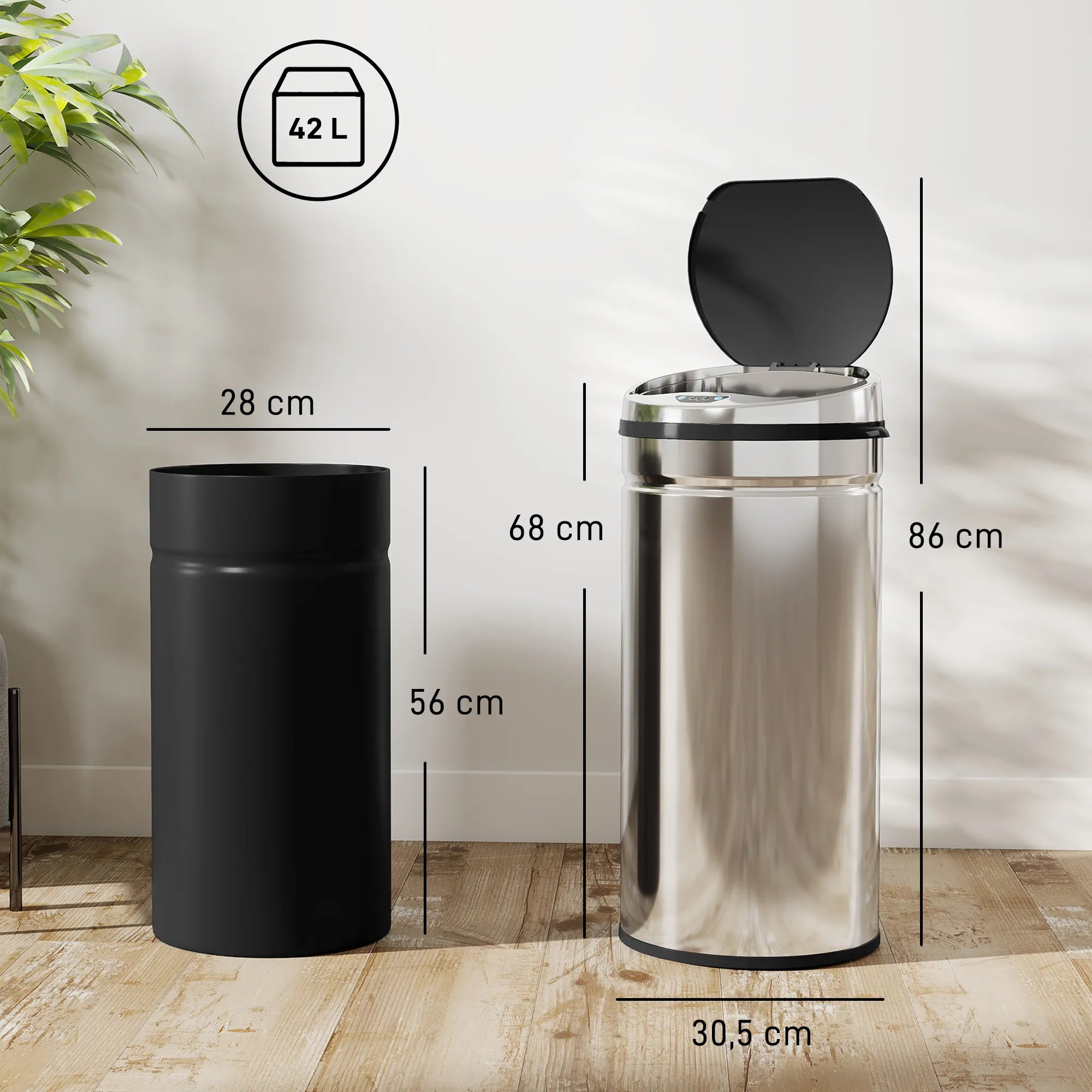 Sensorinė šiukšliadėžė 42 l, automatinė, nerūdijančio plieno, sidabrinė
