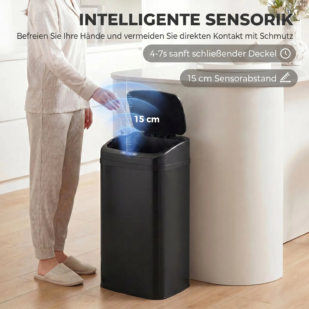 Sensorinė šiukšliadėžė, 48 l, su automatiniu dangčio uždarymu, juoda