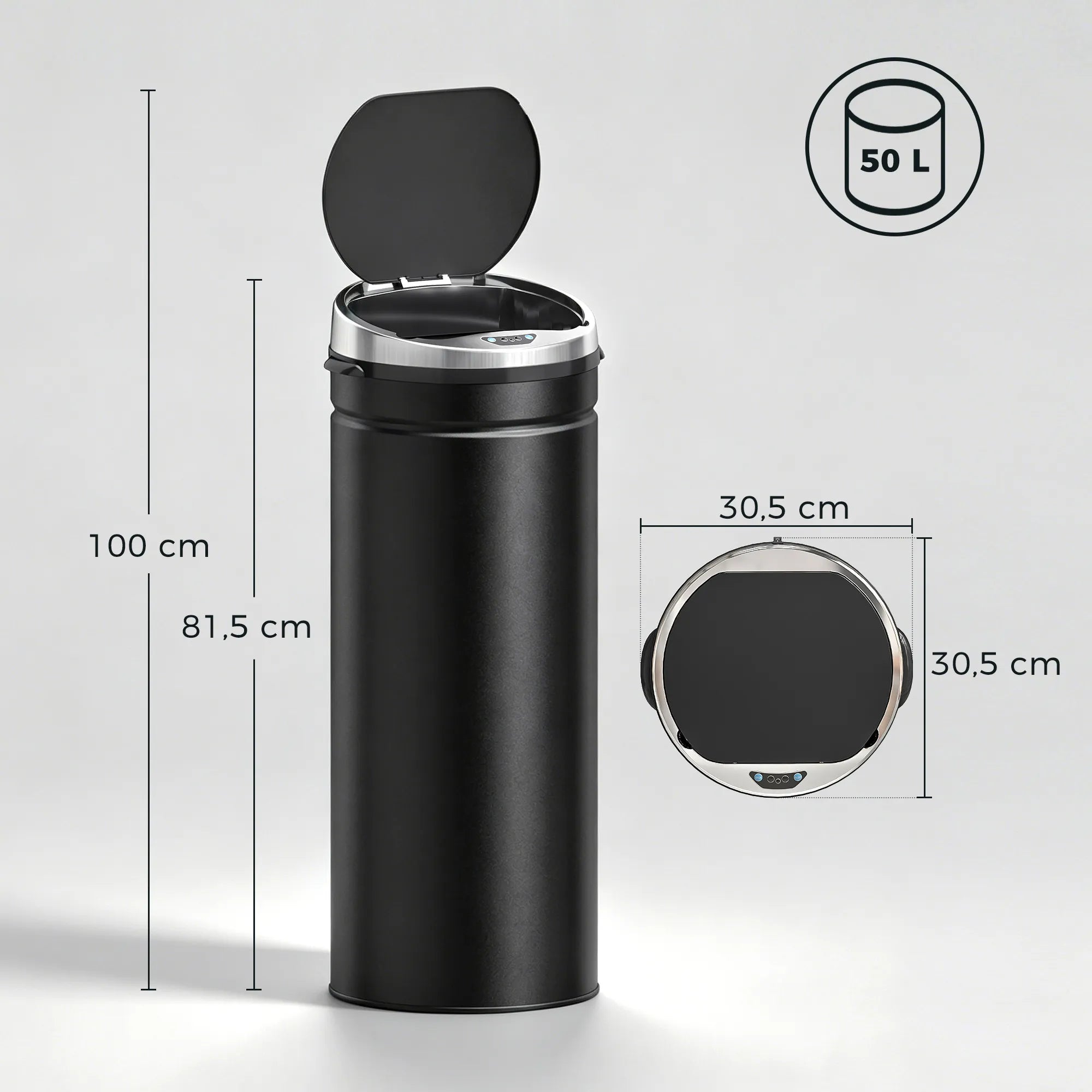 Matmenų schema: 100 cm aukštis atidarius dangtį, 50 l talpa