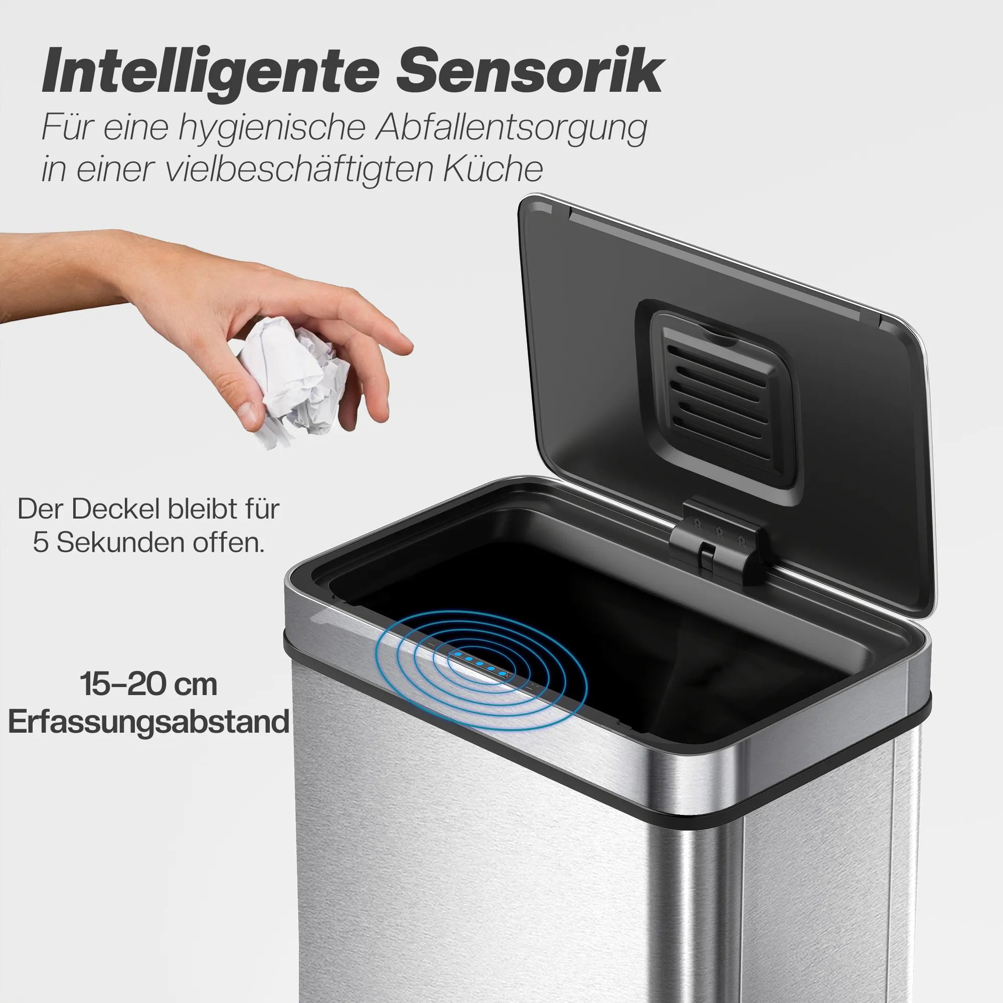 Sensorinė šiukšliadėžė 50 l, automatinis dangtis, sidabrinė