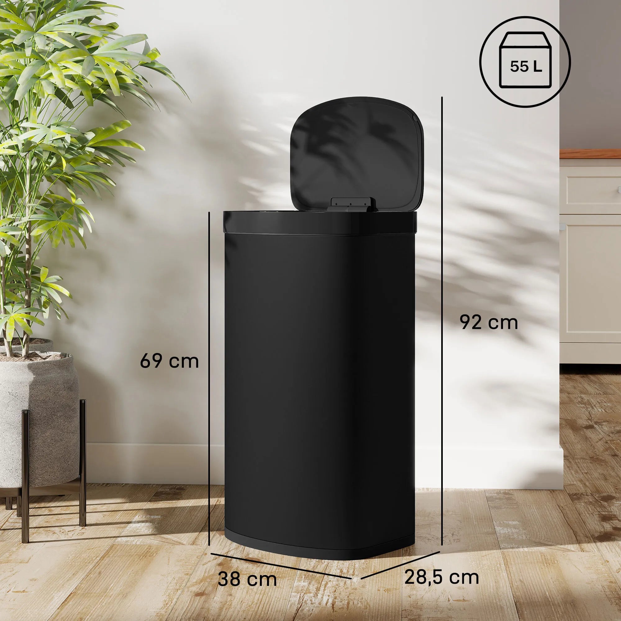 Sensorinė šiukšliadėžė 55 l su „soft-close“ dangčiu, juoda