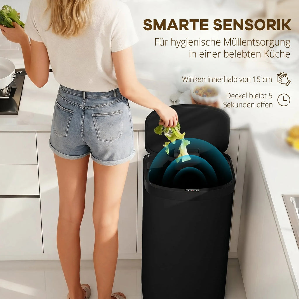 Sensorinė šiukšliadėžė 55 l su „soft-close“ dangčiu, juoda