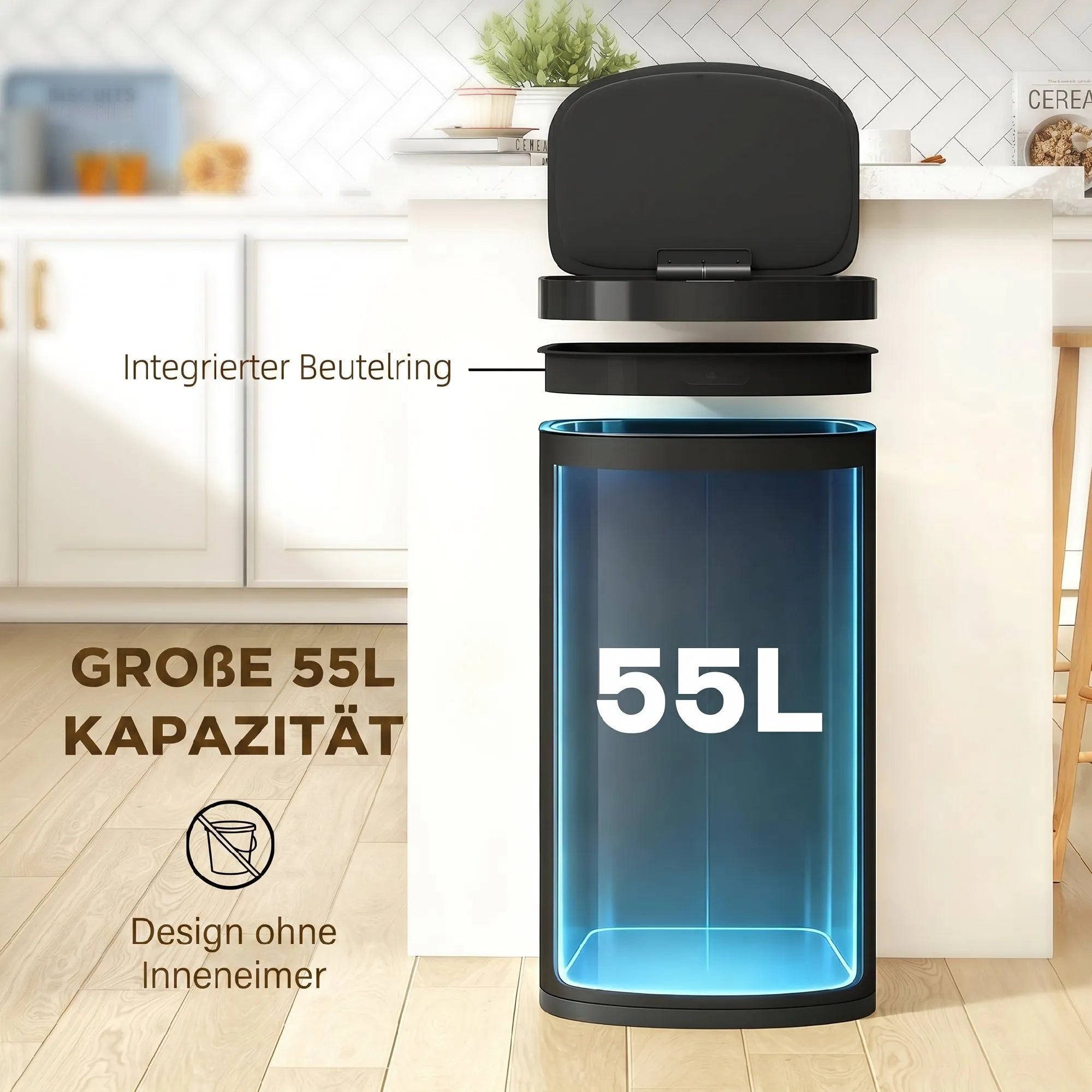 Sensorinė šiukšliadėžė 55 l su „soft-close“ dangčiu, juoda