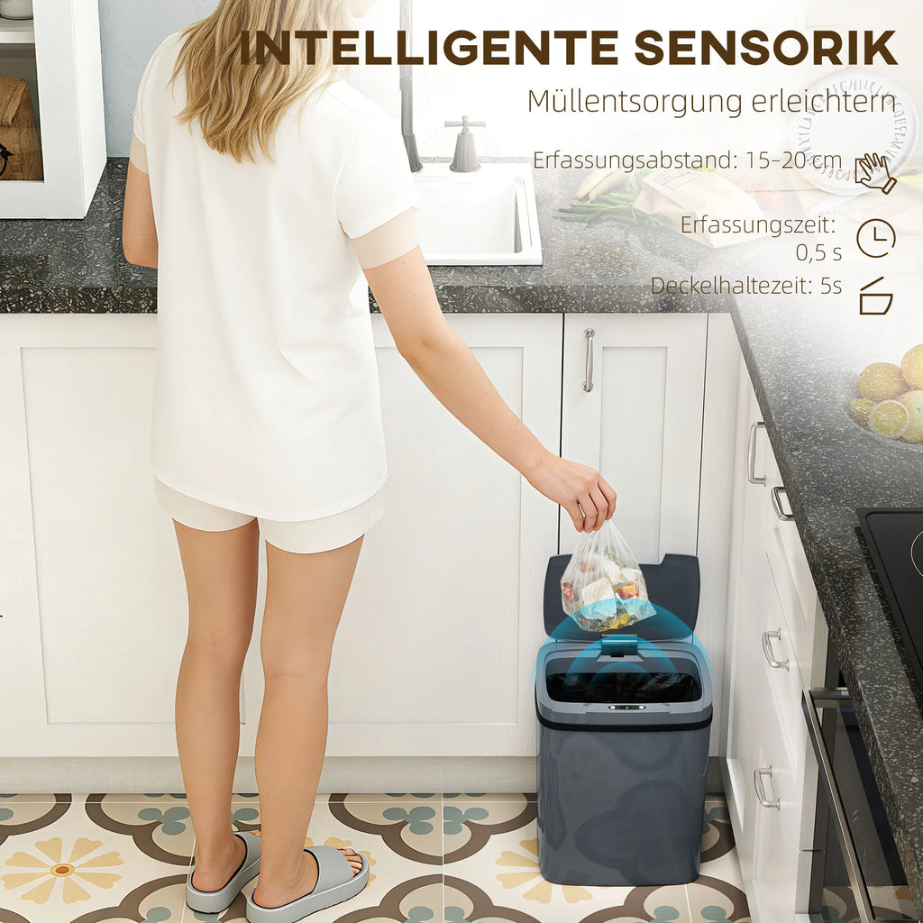 Sensorinė šiukšliadėžė su automatiniu dangčio atidarymu, 15 l, pilka