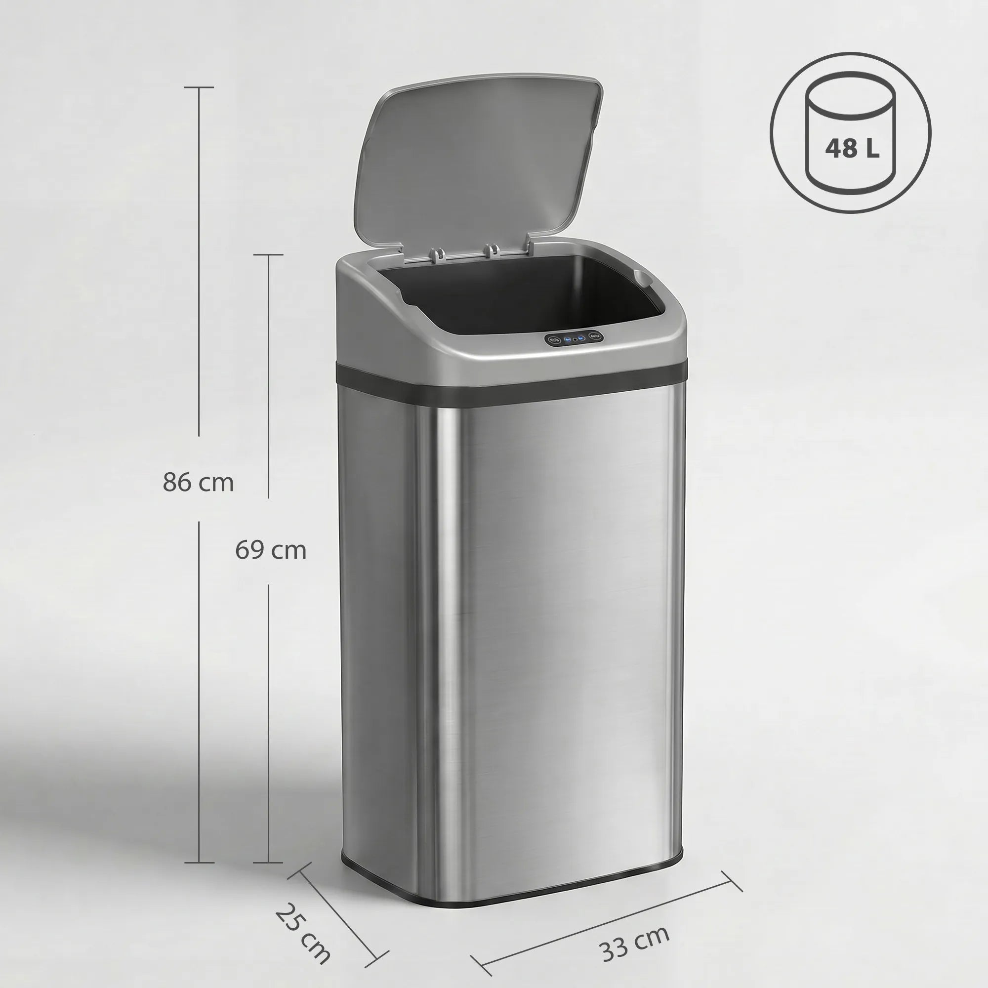Sensorinė šiukšliadėžė su dangčiu, 48 l, sidabrinė