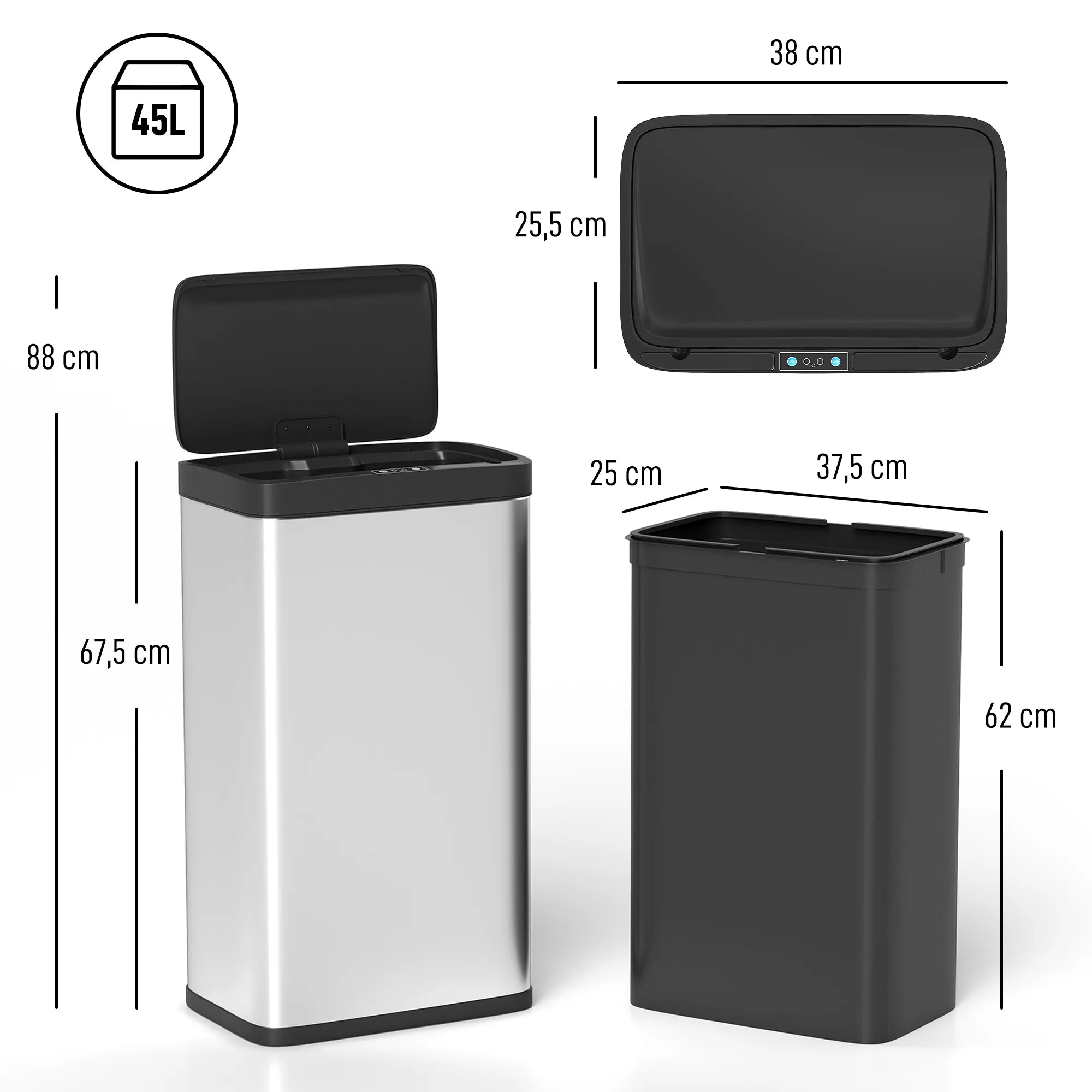 Šiukšliadėžės matmenų schema: 45 l talpa, 88 cm aukštis