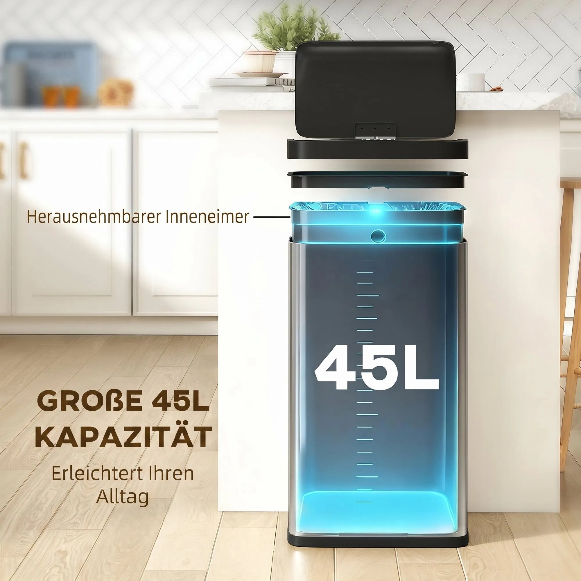 Išimamas 45 litrų vidinis kibiras virtuvės spintelės viduje