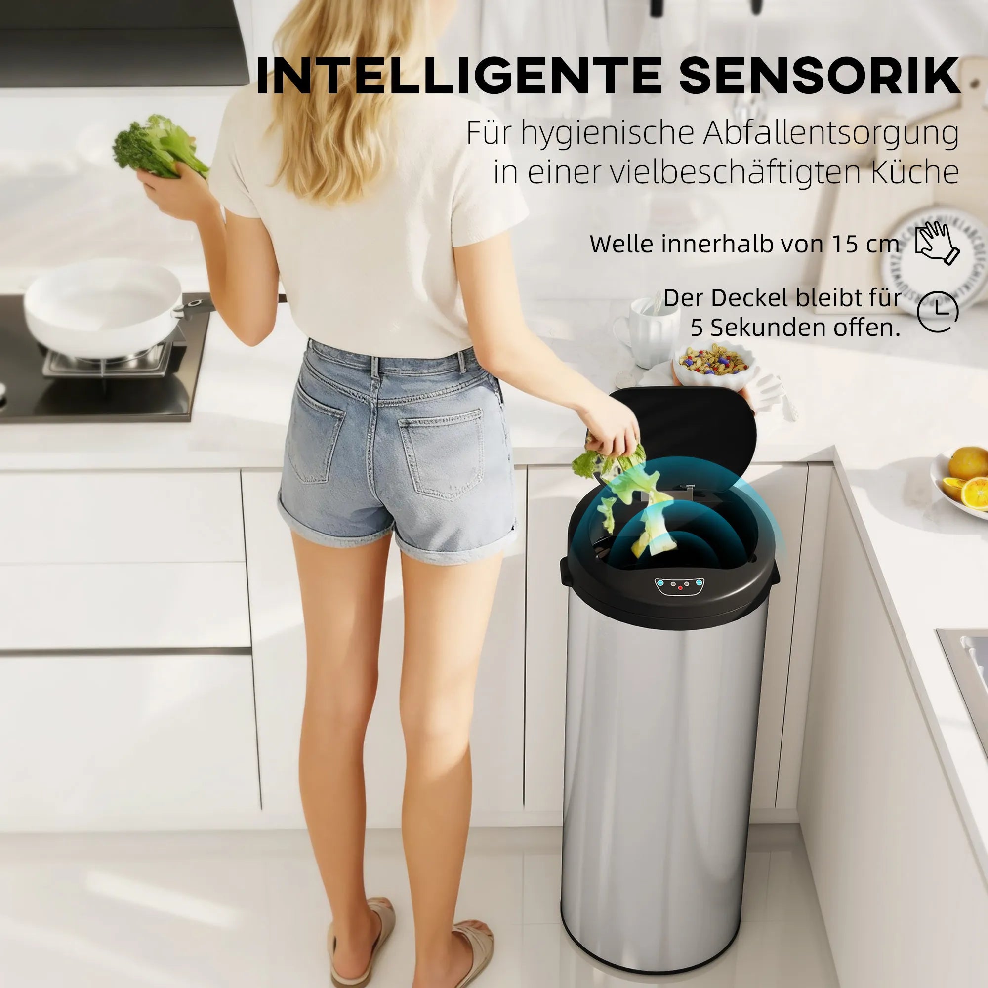 Sensorinis šiukšlių kibiras 55 l su „soft-close“ dangčiu, sidabrinis