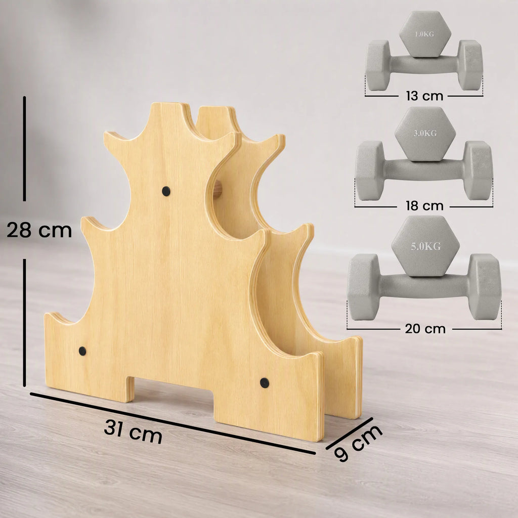 Šešiakampių hantelių rinkinys, 3 poros (1 kg, 3 kg, 5 kg) su mediniu stovu, šviesiai pilkos