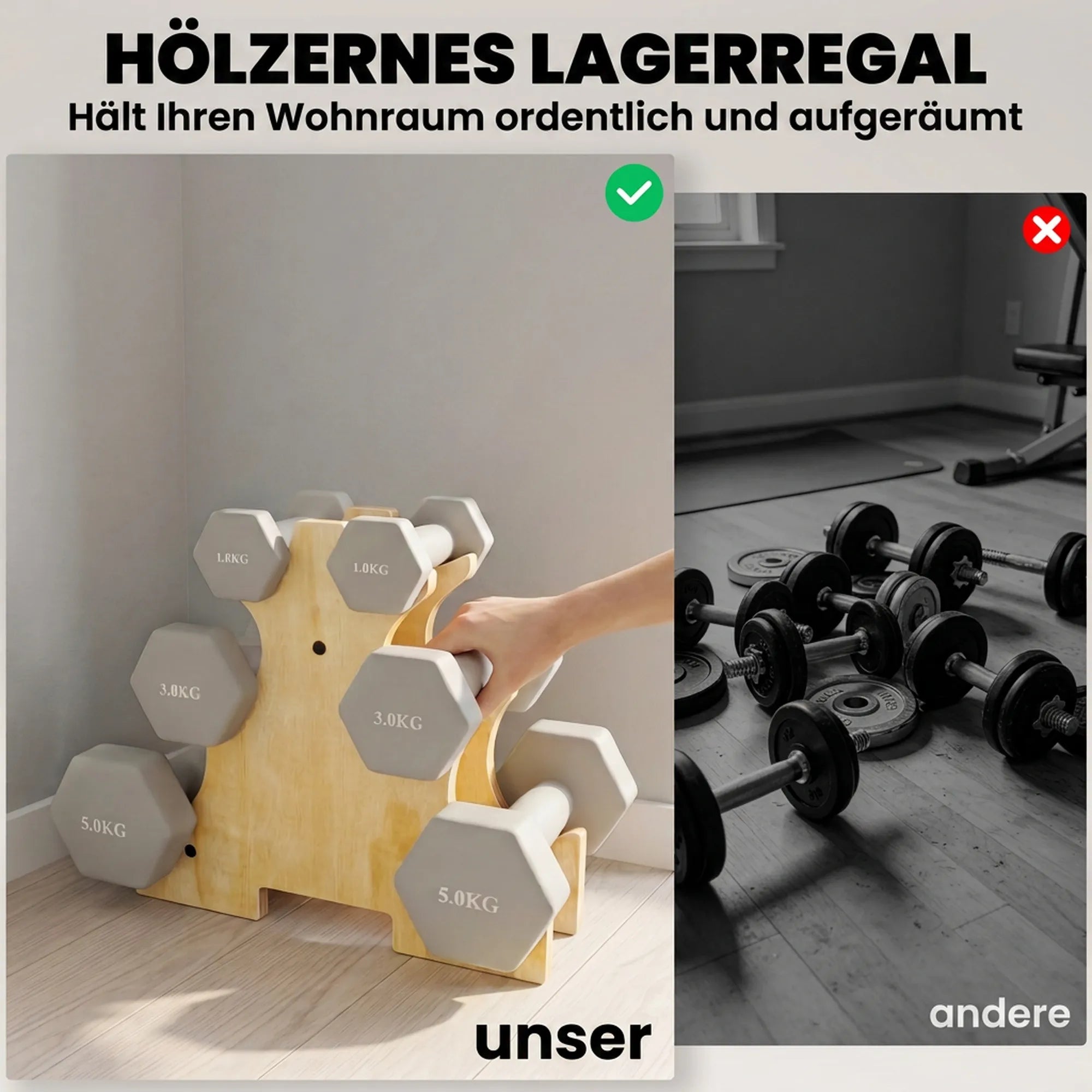 Šešiakampių hantelių rinkinys, 3 poros (1 kg, 3 kg, 5 kg) su mediniu stovu, šviesiai pilkos