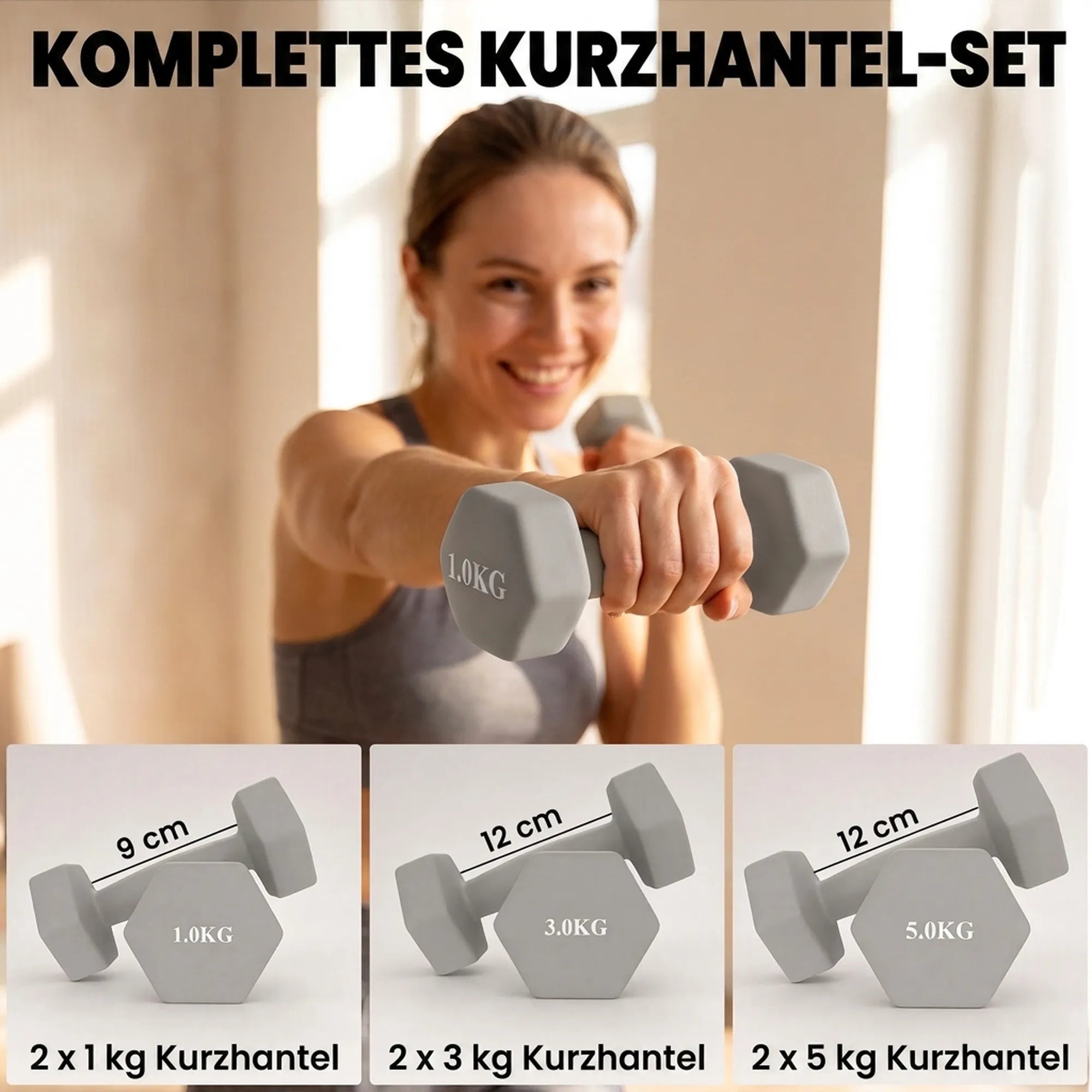 Šešiakampių hantelių rinkinys, 3 poros (1 kg, 3 kg, 5 kg) su mediniu stovu, šviesiai pilkos