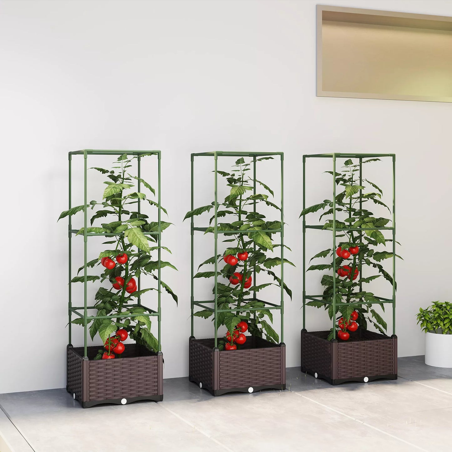 Pakeltų lysvių su grotelėmis rinkinys, trijų dalių augalų dėžės su drenažo angomis, plastikas, balta