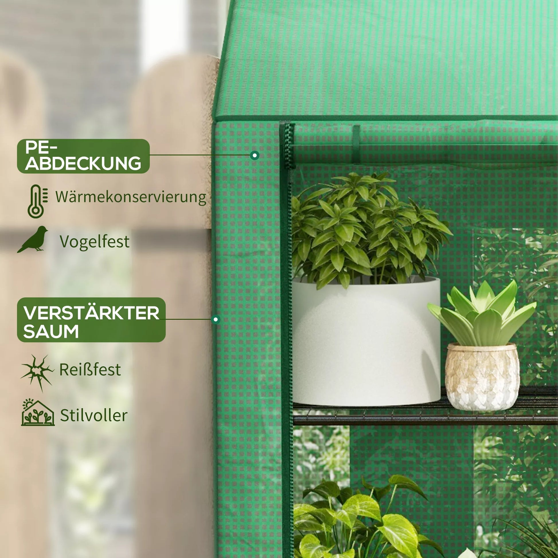 Mini šiltnamis, 3 aukštų, 6 vieliniai stelažai, 2 angos, plastikinė danga, žalias