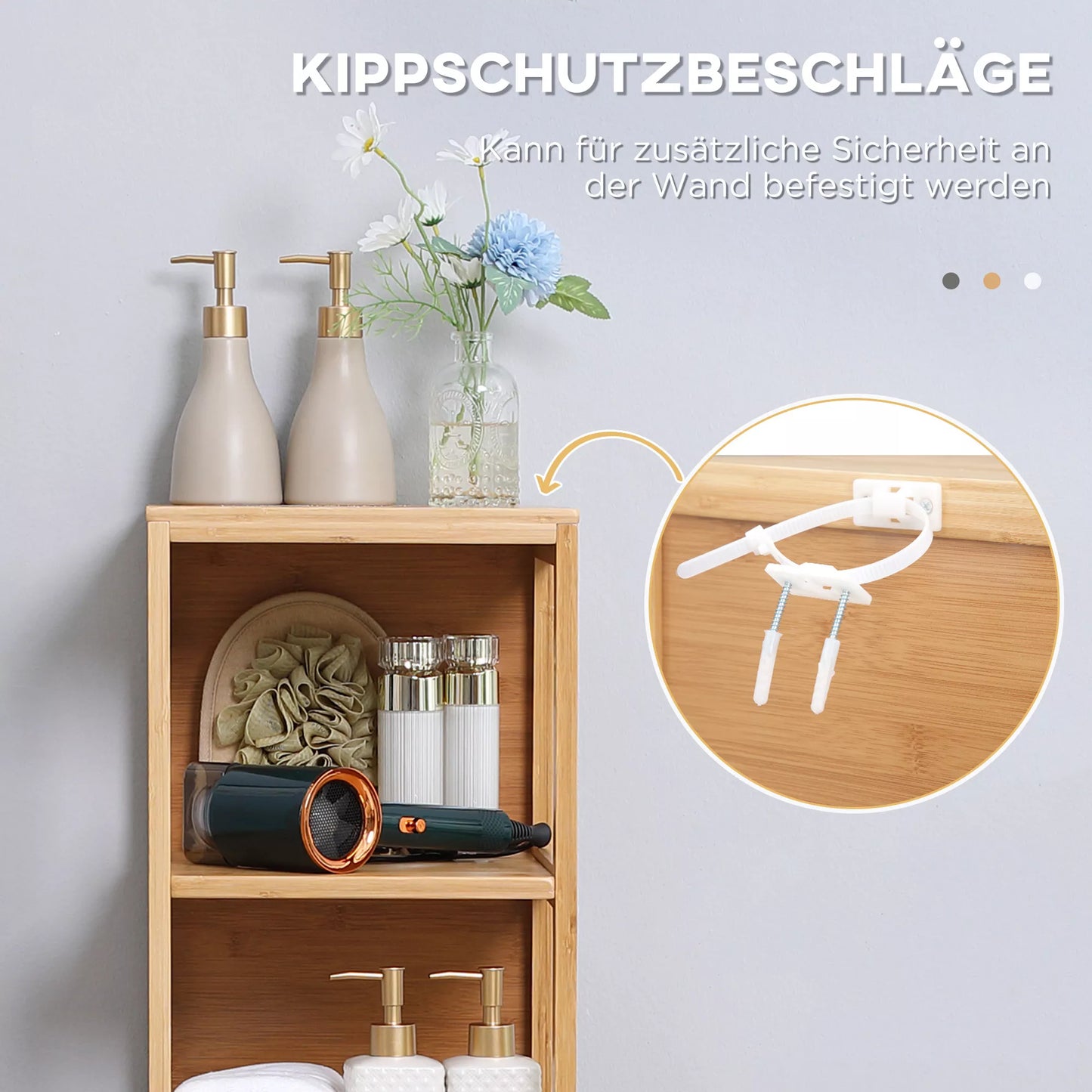 Vonios spintelė, 3 lentynos, 2 stalčiai, bambukas, 30 cm x 30 cm x 140 cm, natūrali