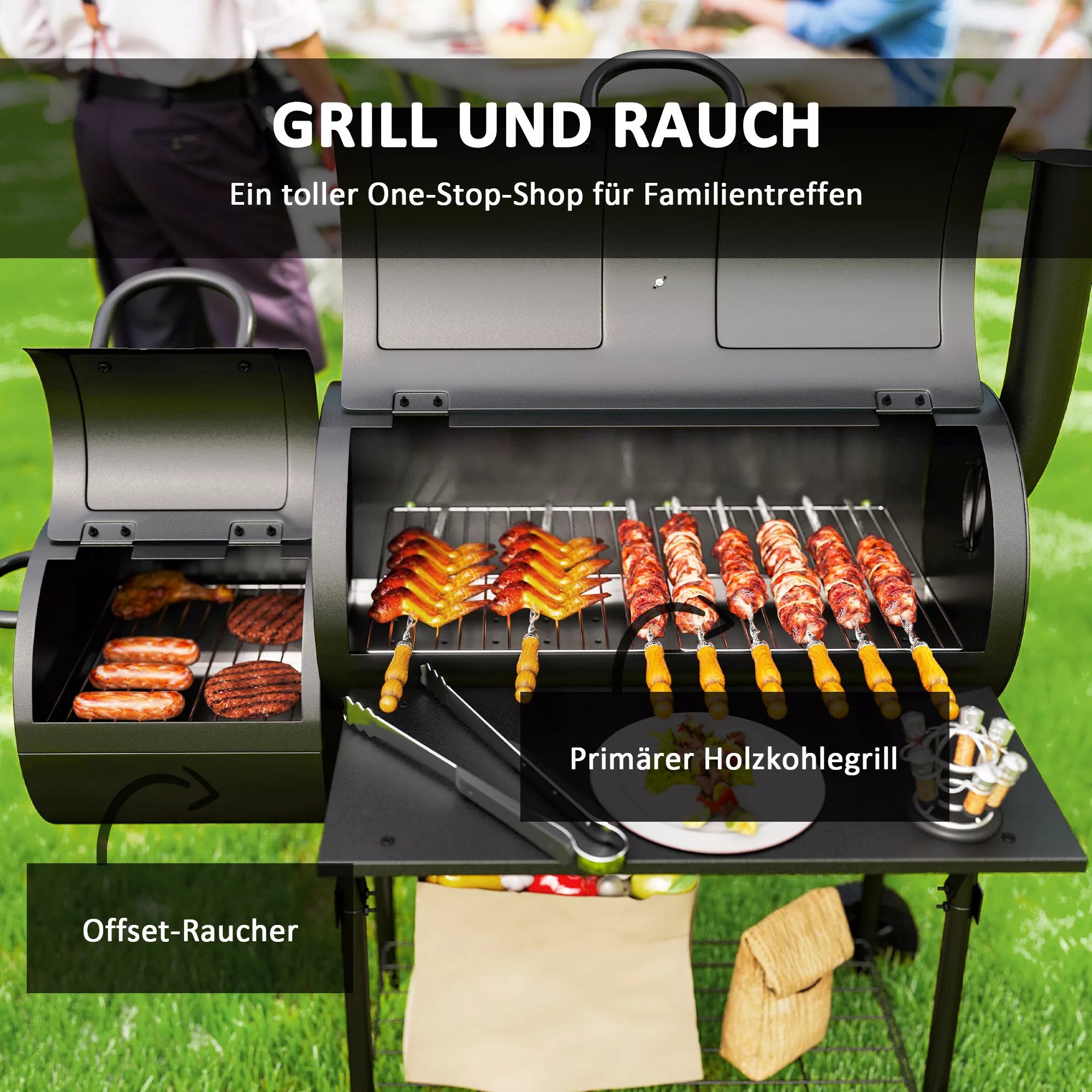 Anglies grilis iš plieno BBQ Smoker su dangčiu Termometras Ratai Oro tiekimas Anglies dėžė
