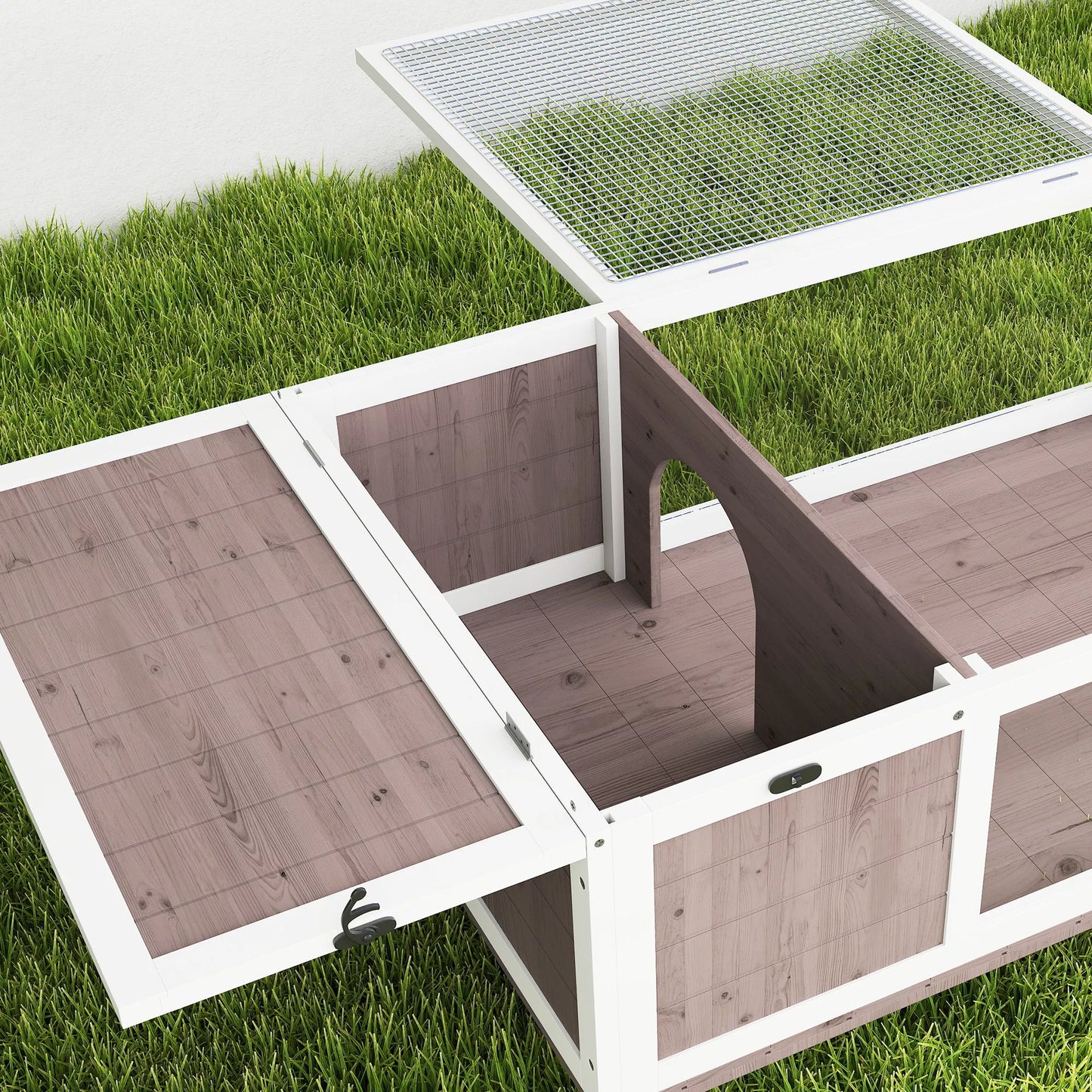 Medinis vėžlių namelis, vėžlių aptvaras su pagrindiniais skyriais, atidaromas viršus, 91x60,5x32 cm, rudas