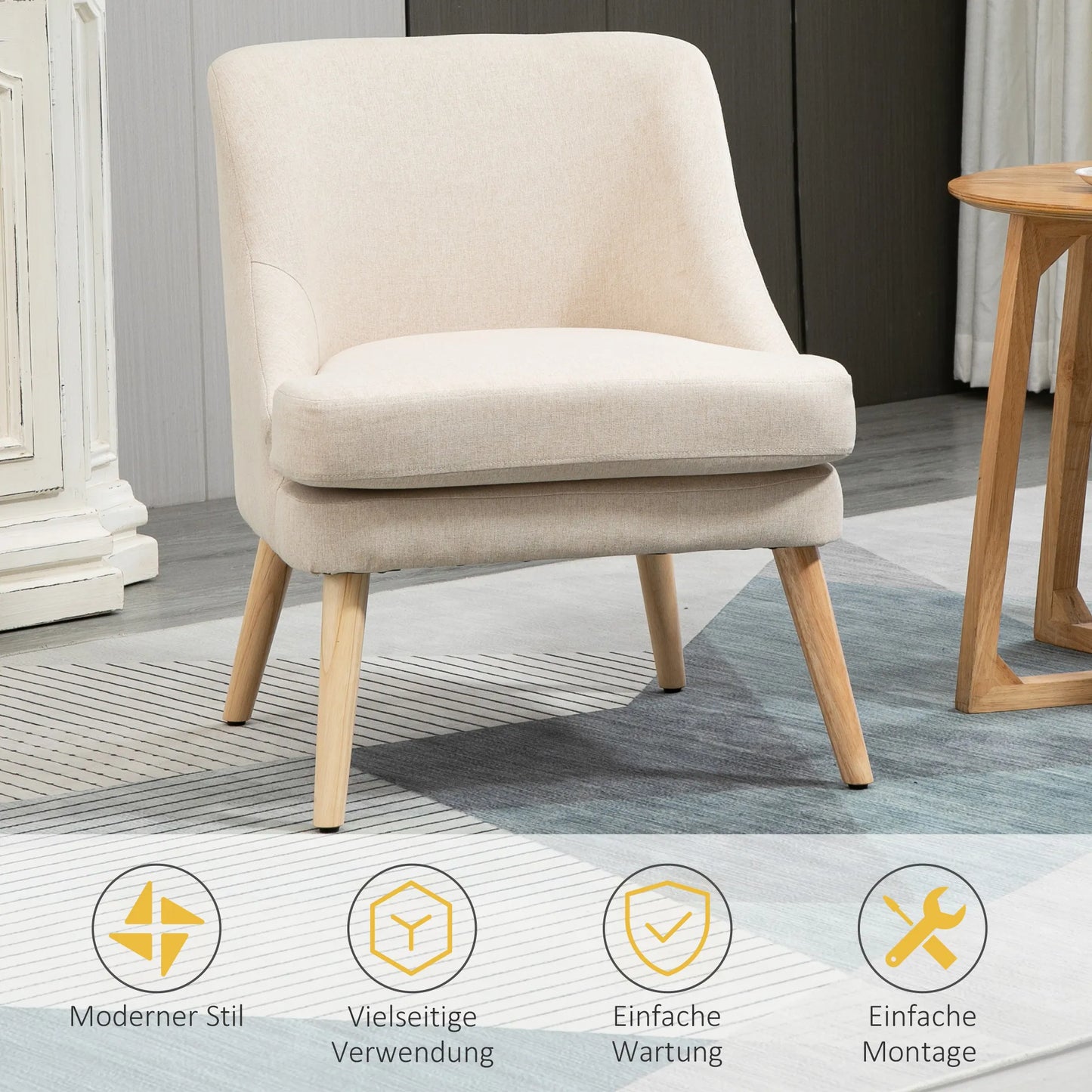 Fotelis su linine išvaizda, su porankiais, minkštas relaksacijos fotelis su medinėmis kojomis, svetainei, miegamajam, kreminės baltos spalvos