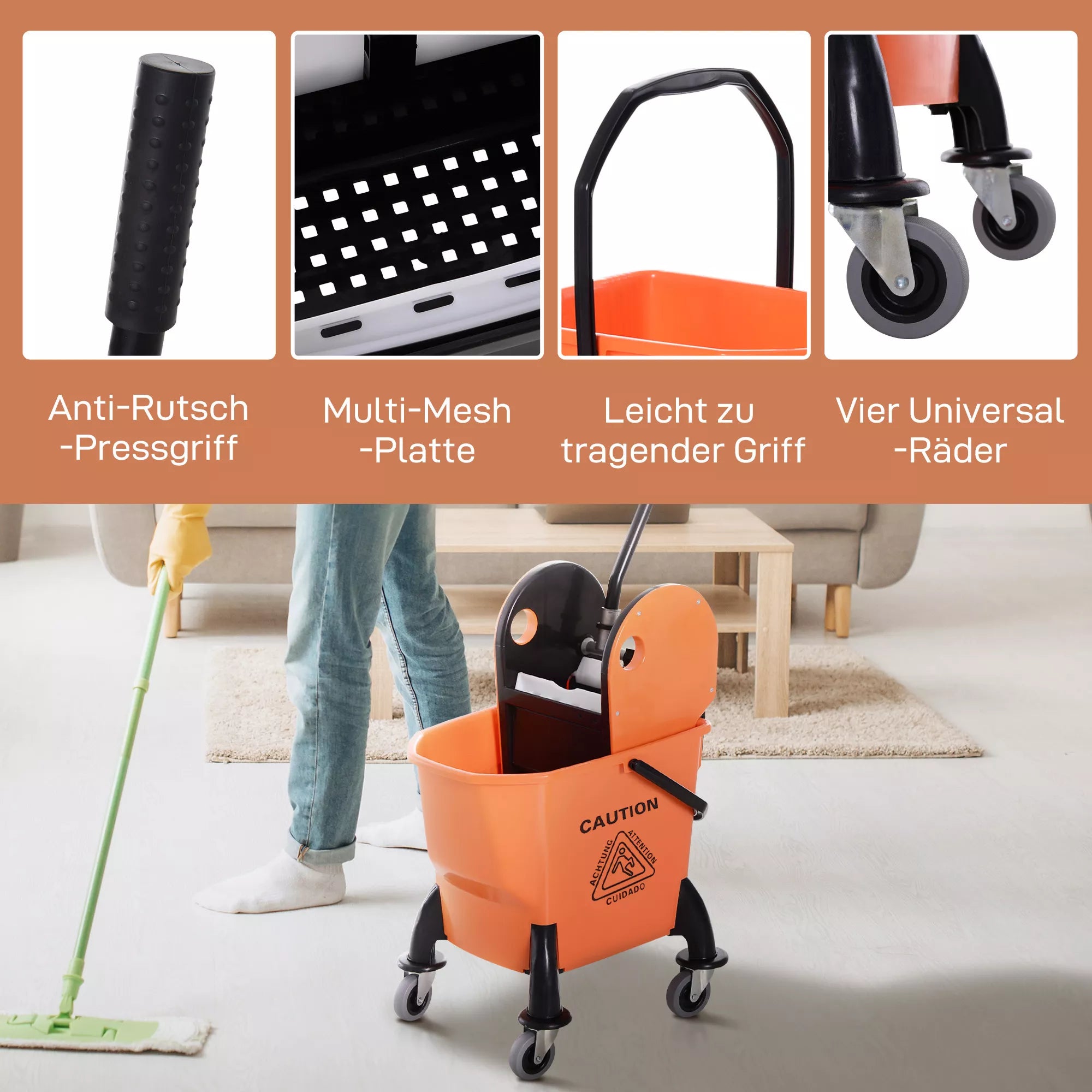 Ratinis valymo kibiras, šluotos kibiras, šluotos presas, 26 l, plastikinis, oranžinis