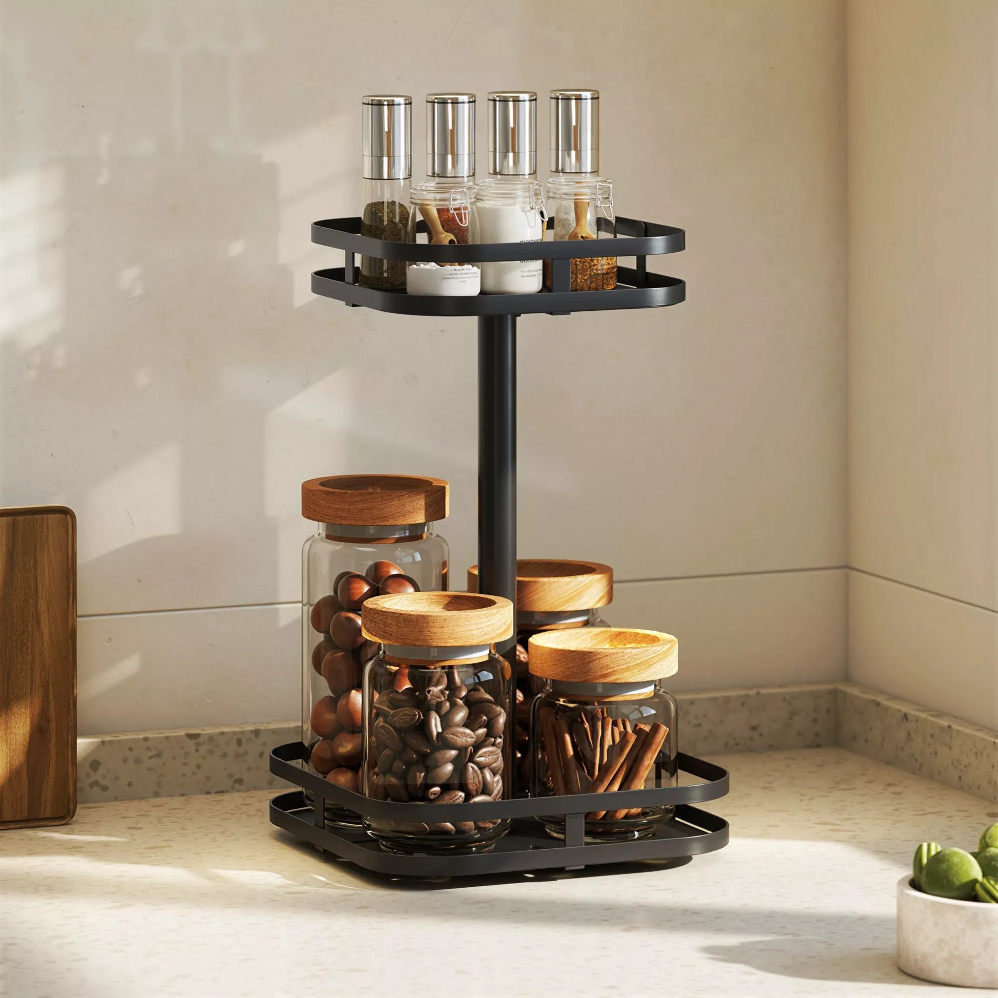 Pasukamas prieskonių stovas, 2 pakopų dizainas, siurbtuvės, metalas, juodas