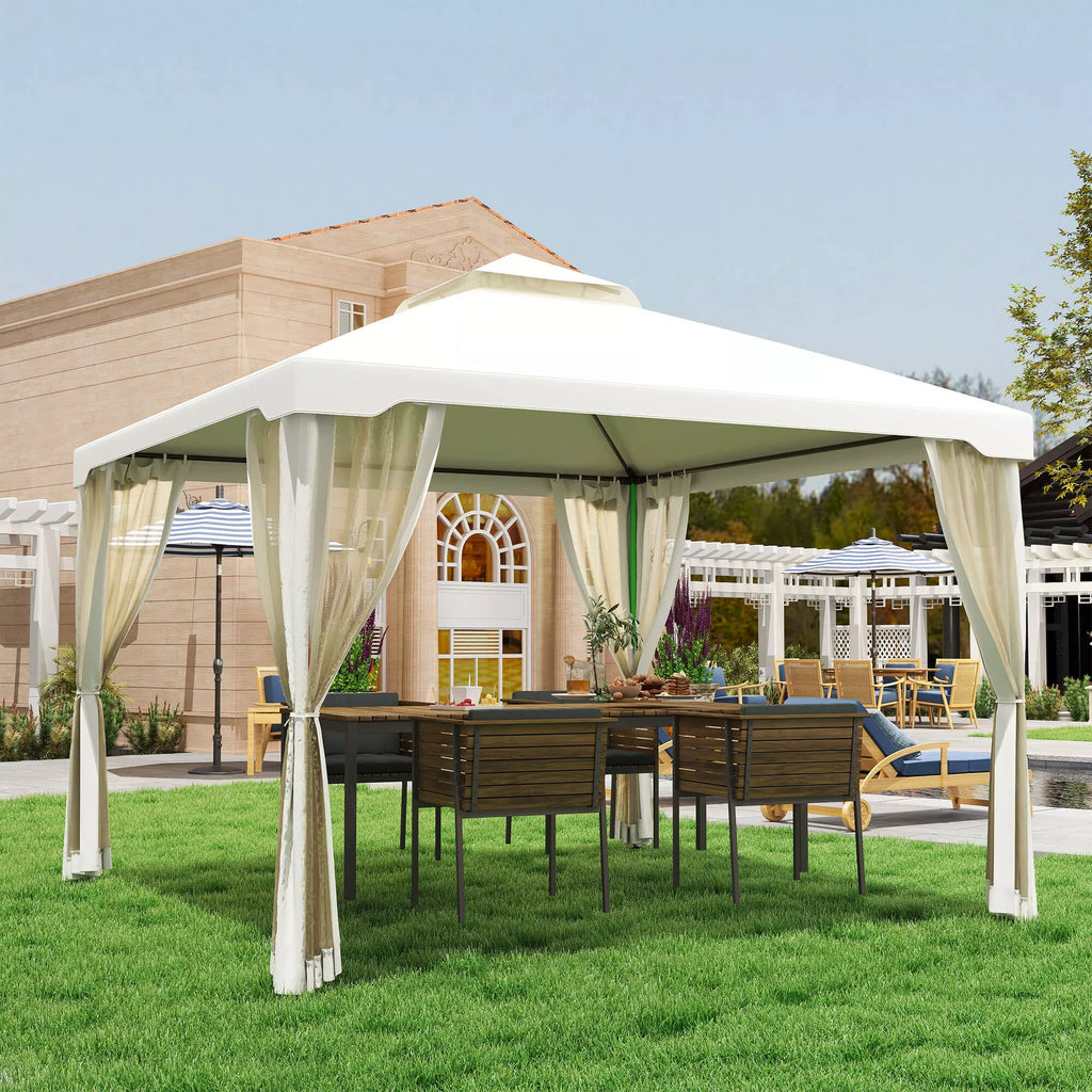 Paviljonas su dvigubu stogu, apie 3x3 m. Neperšlampamas, stabilus, atsparus žiemos sąlygoms sodo paviljonas su moskitine tinklele, šoninėmis dalimis, metalinis sodo paviljonas, skirtas sodui, terasai, kreminės baltos spalvos.