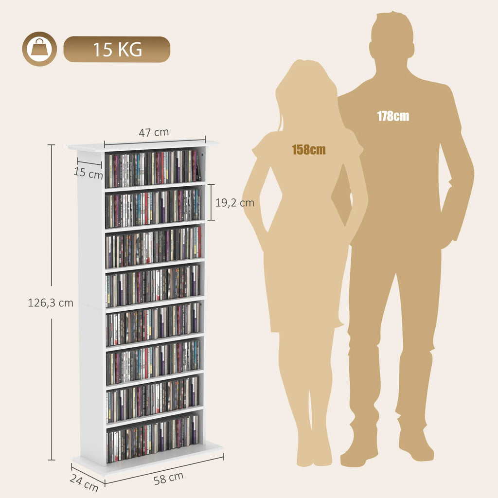 Siaura CD lentyna, 8 lygių, 8 skyrių, 6 reguliuojamos lentynos, 360 CD, balta