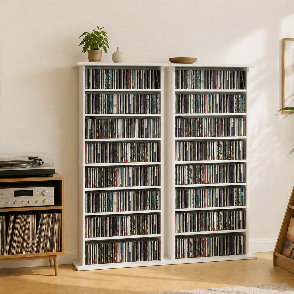 Siaura CD lentyna, 8 lygių, 8 skyrių, 6 reguliuojamos lentynos, 360 CD, balta