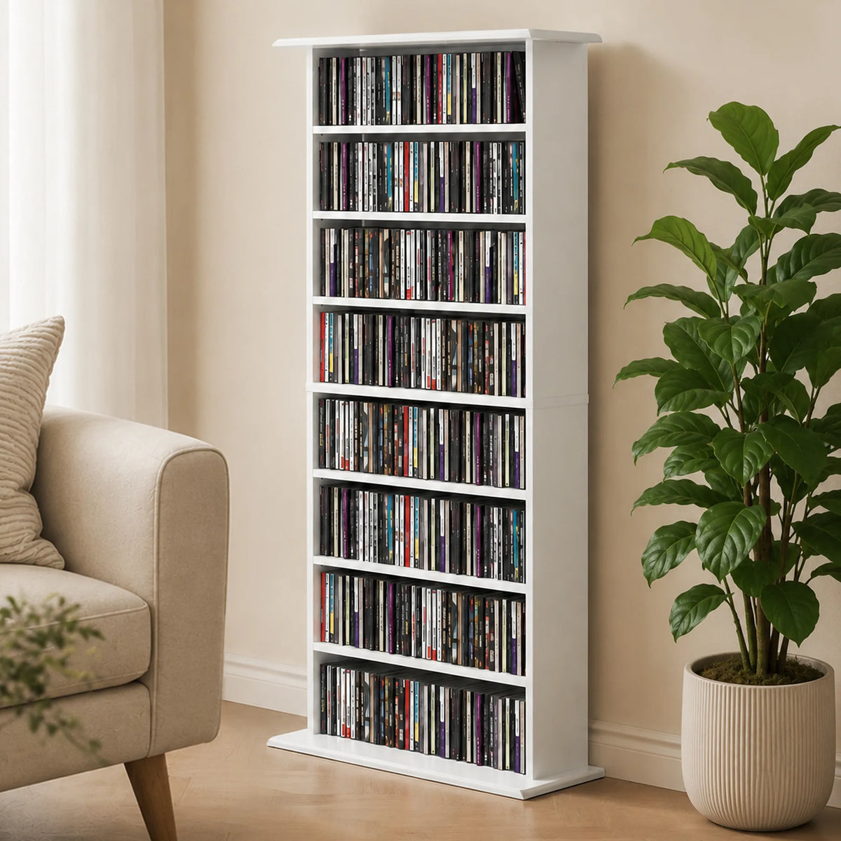 Siaura CD lentyna, 8 lygių, 8 skyrių, 6 reguliuojamos lentynos, 360 CD, balta