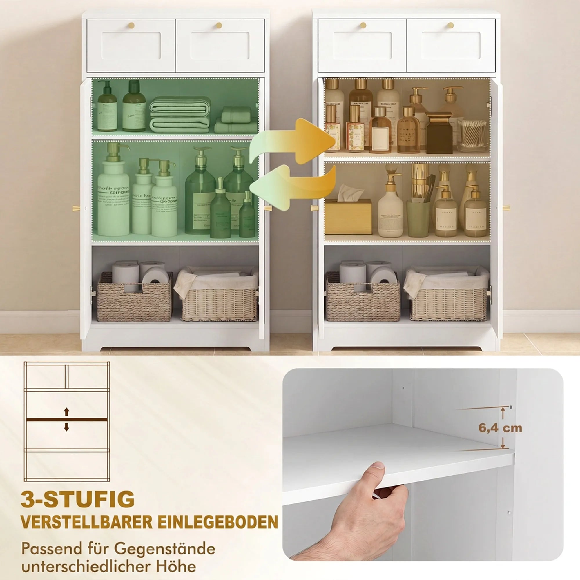 Dvi vienodos spintelės su skirtingu lentynos aukščiu, viduje kosmetika ir pinti krepšiai