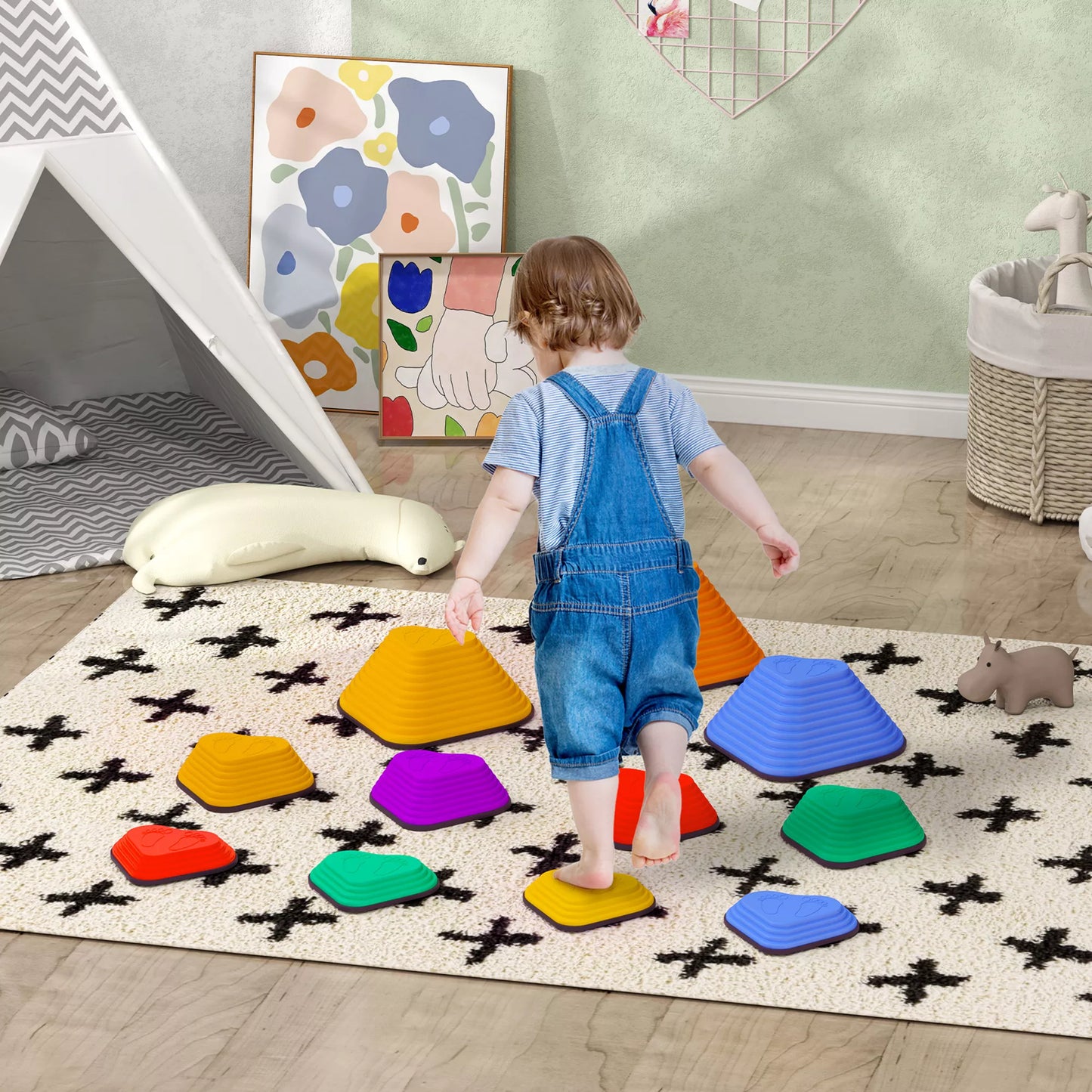 Balansinės pakopos, 11 vnt. rinkinys, sudedamos ir lengvos, neslystančios, skirtos naudoti viduje/lauke