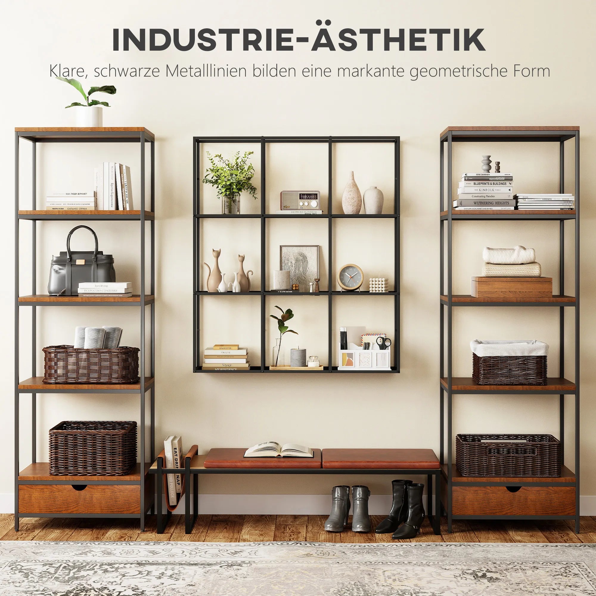 Sieninė lentyna metalinė 87,5x100 cm su 9 skyriais juoda