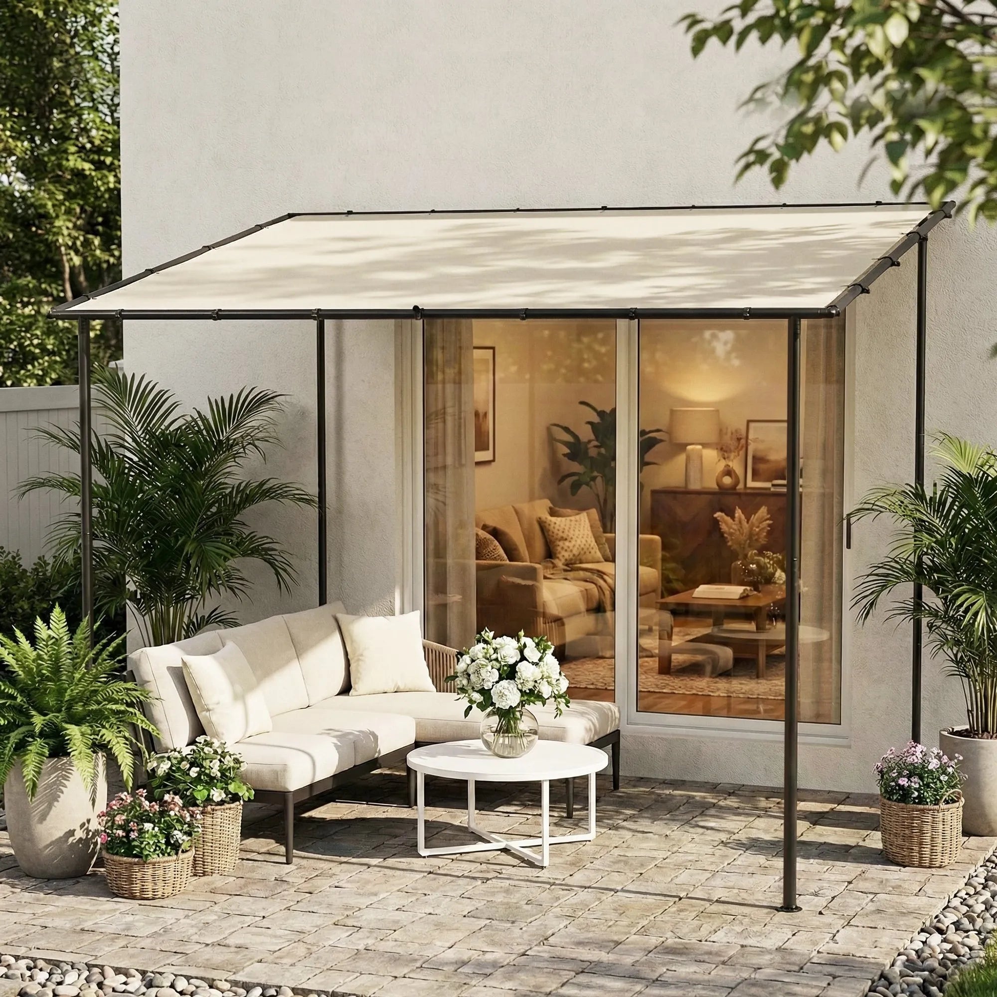 Sieninė pergola 3x1.8m metalinė su stogeliu kreminė