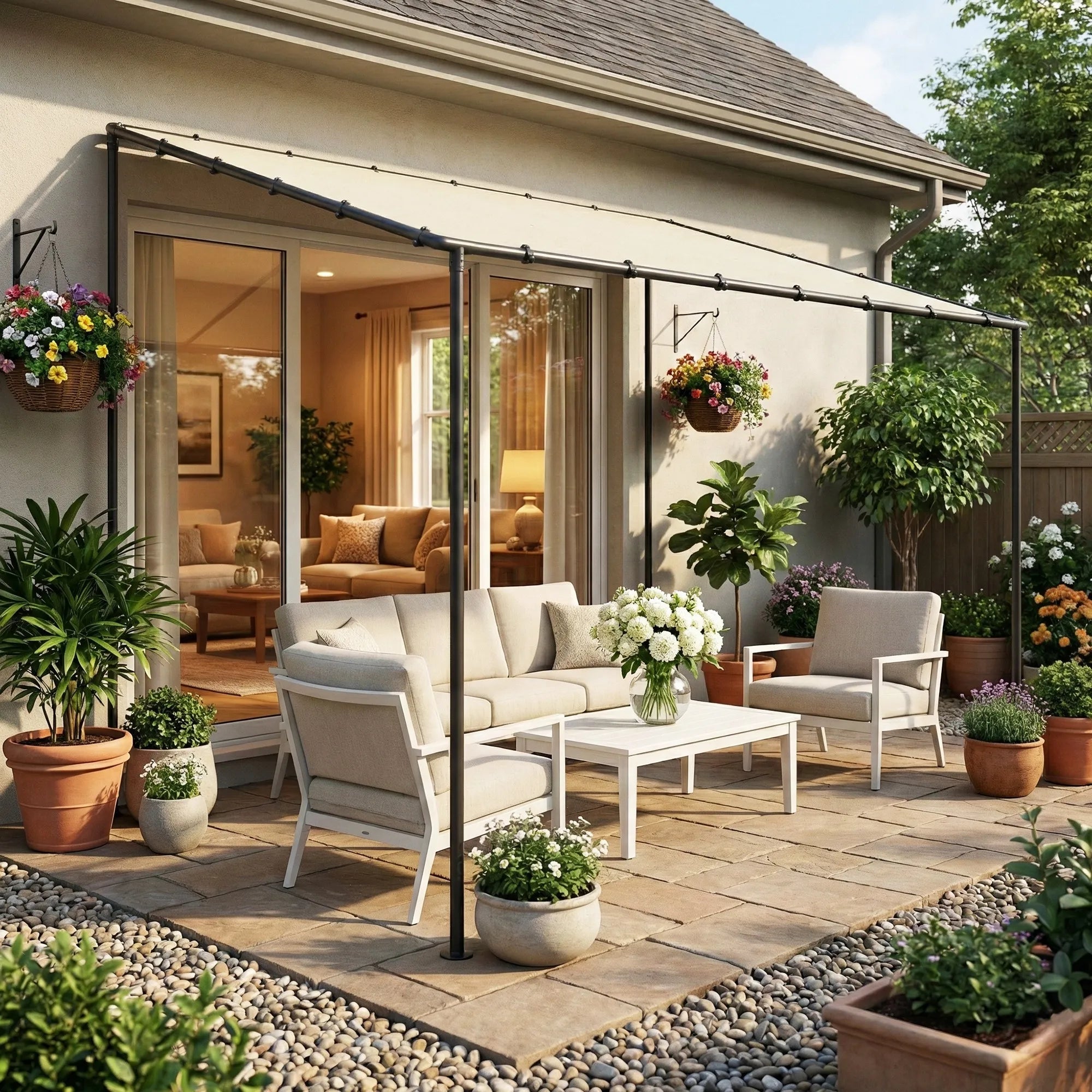 Sieninė pergola 3x1.8m metalinė su stogeliu kreminė