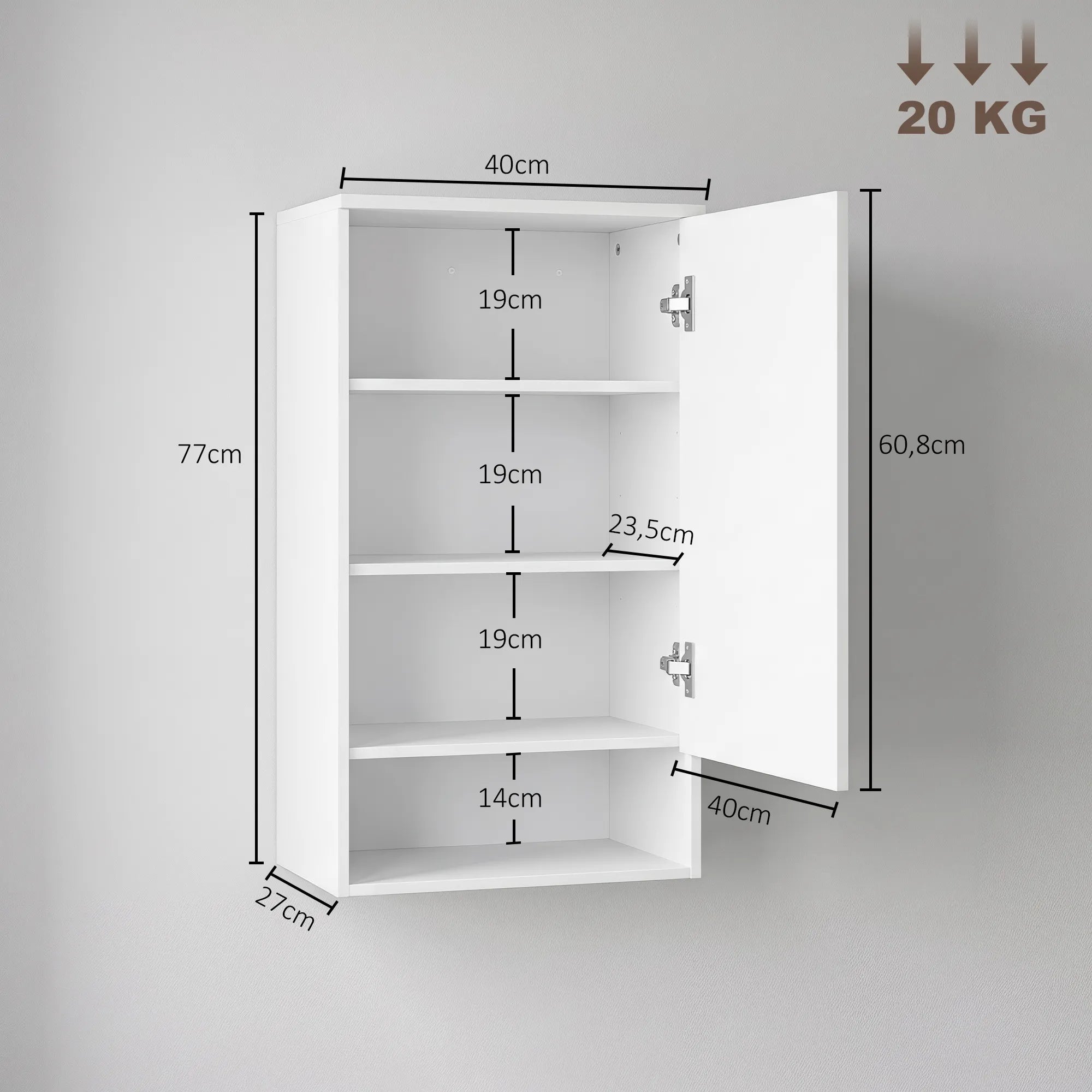 Spintelės matmenų schema: 40×27×77 cm, didžiausia apkrova iki 20 kg