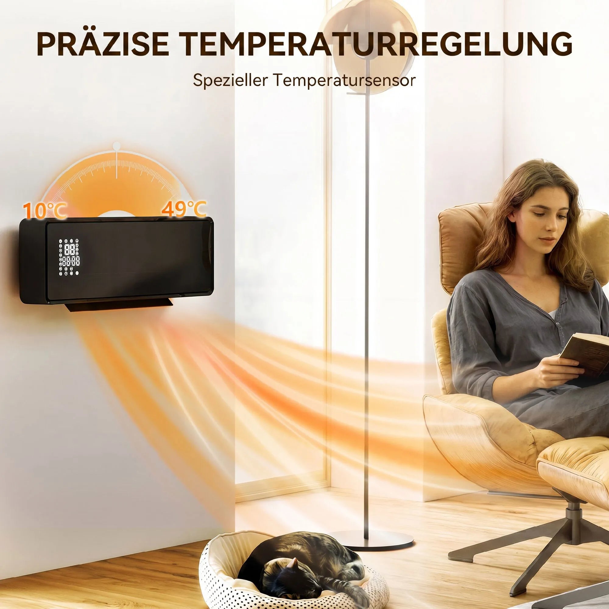 Sieninis elektrinis šildytuvas 2000W su termostatu ir laikmačiu, juodas