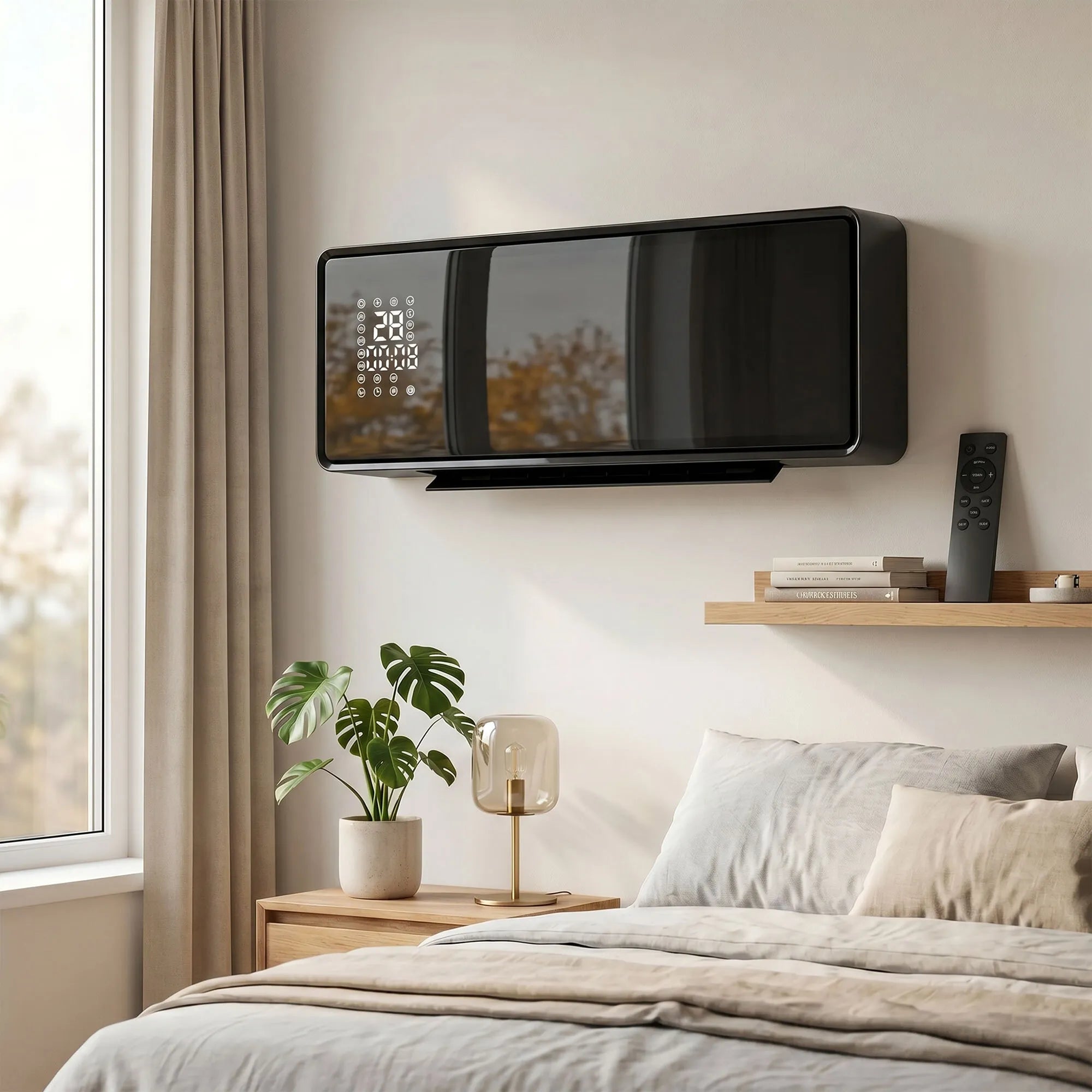 Sieninis elektrinis šildytuvas 2000W su termostatu ir laikmačiu, juodas